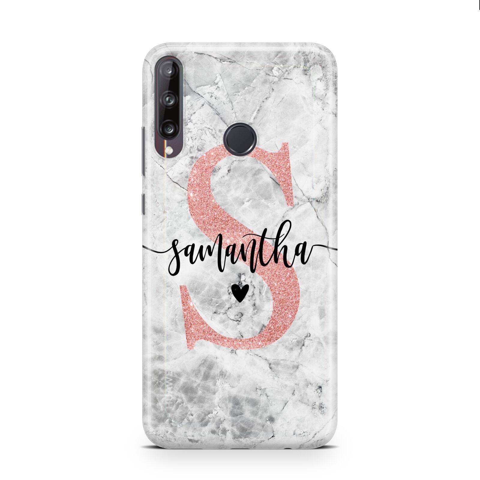 Grey Marble Personalised Pink Glitter Initial Huawei P40 Lite E Phone Case