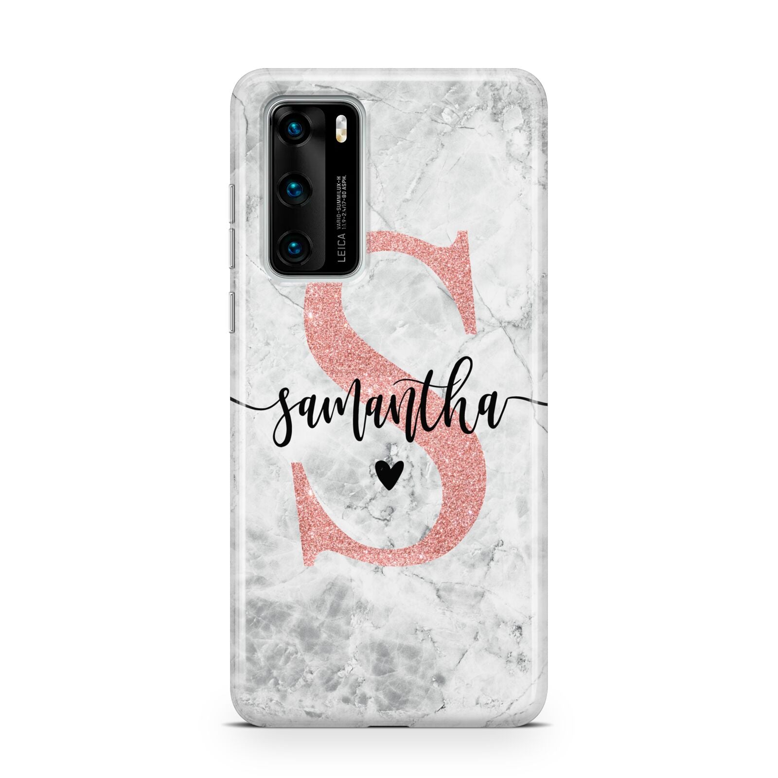 Grey Marble Personalised Pink Glitter Initial Huawei P40 Phone Case