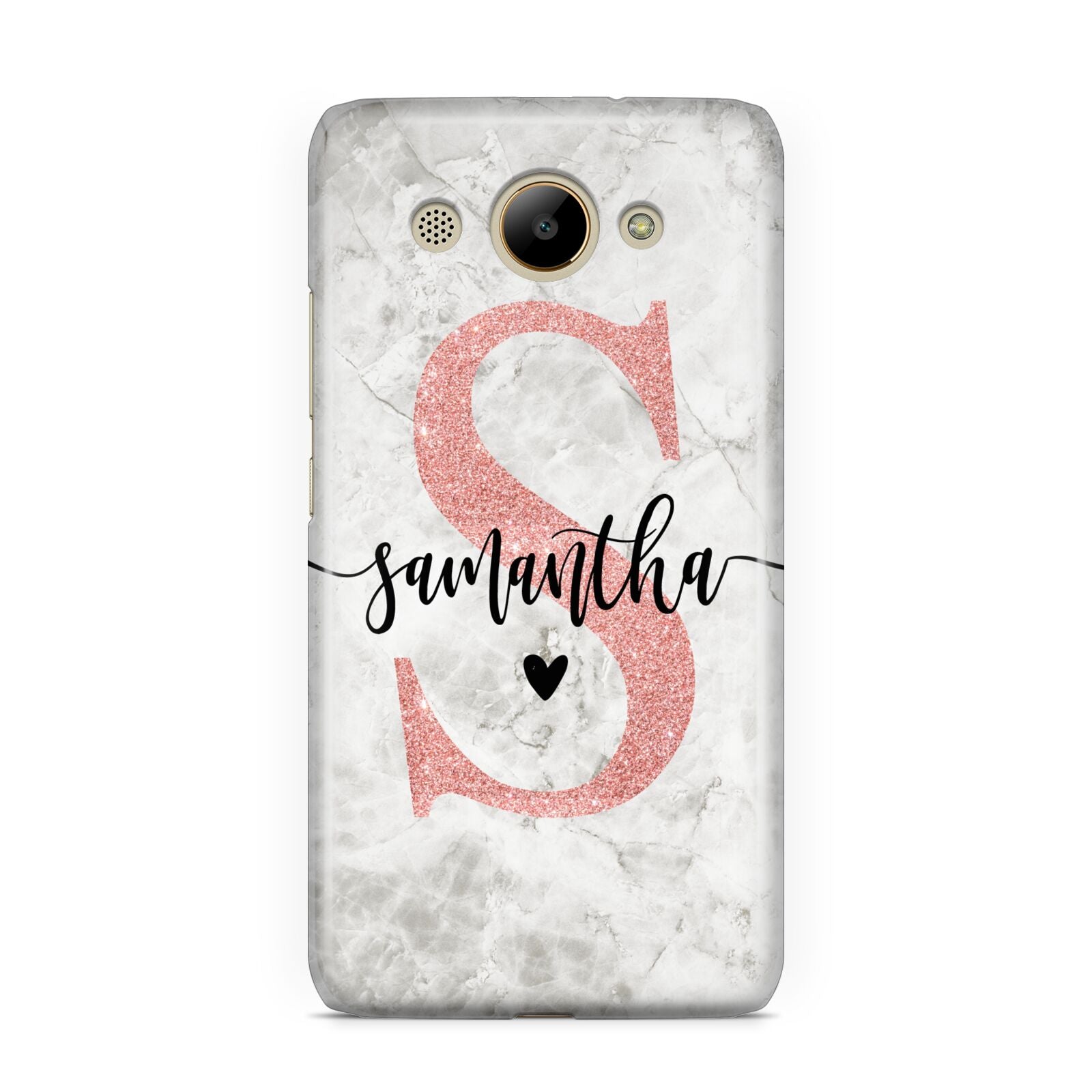 Grey Marble Personalised Pink Glitter Initial Huawei Y3 2017