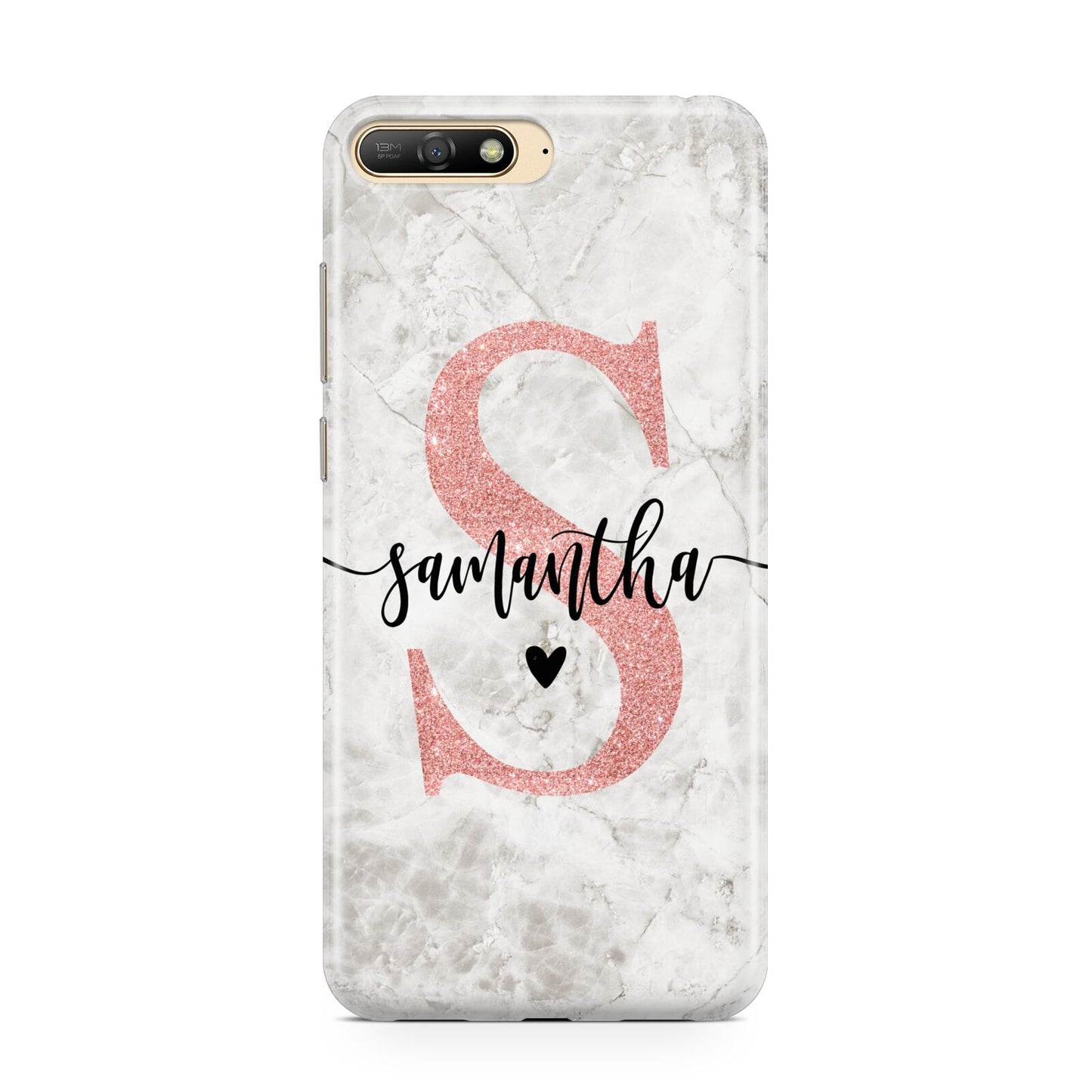 Grey Marble Personalised Pink Glitter Initial Huawei Y6 2018