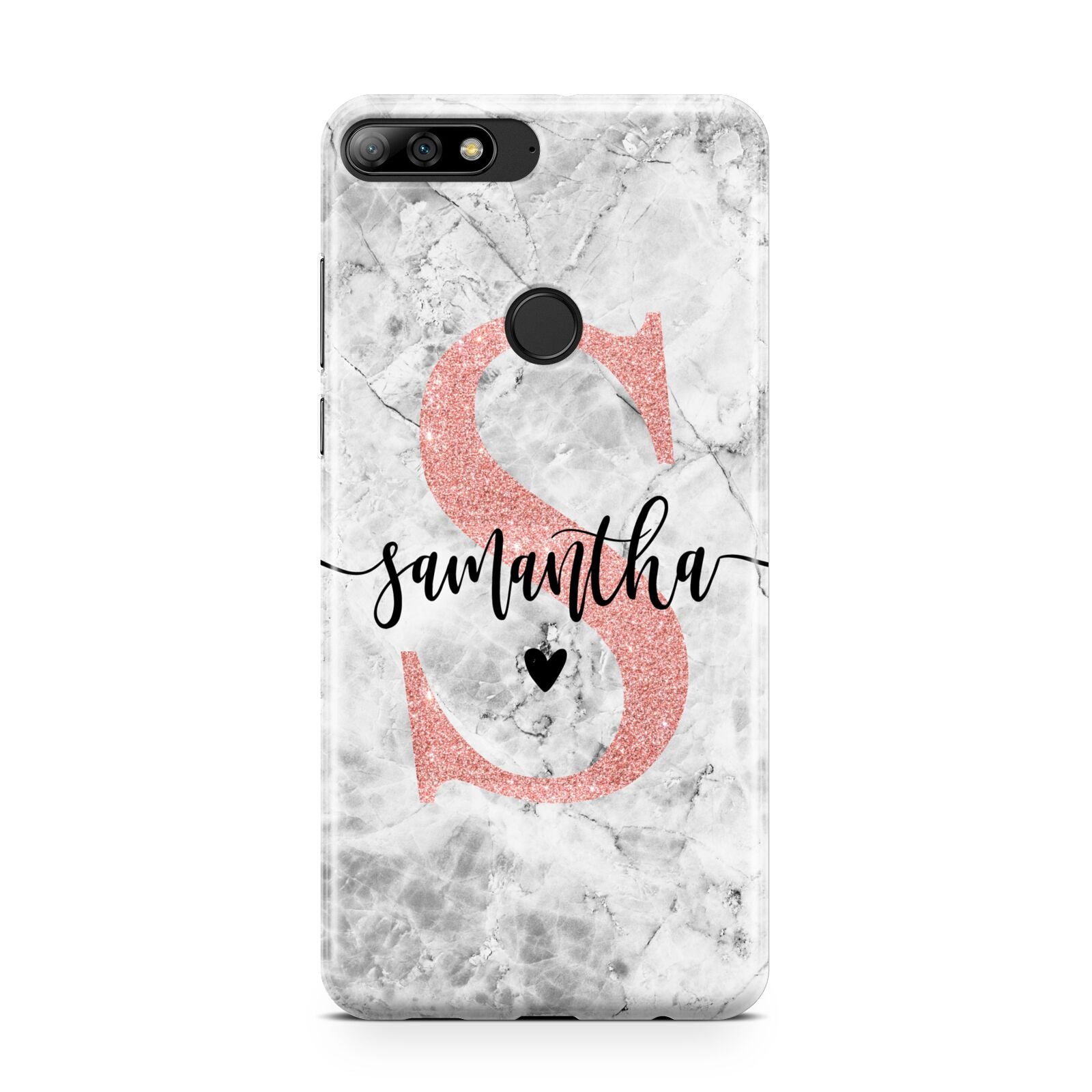 Grey Marble Personalised Pink Glitter Initial Huawei Y7 2018