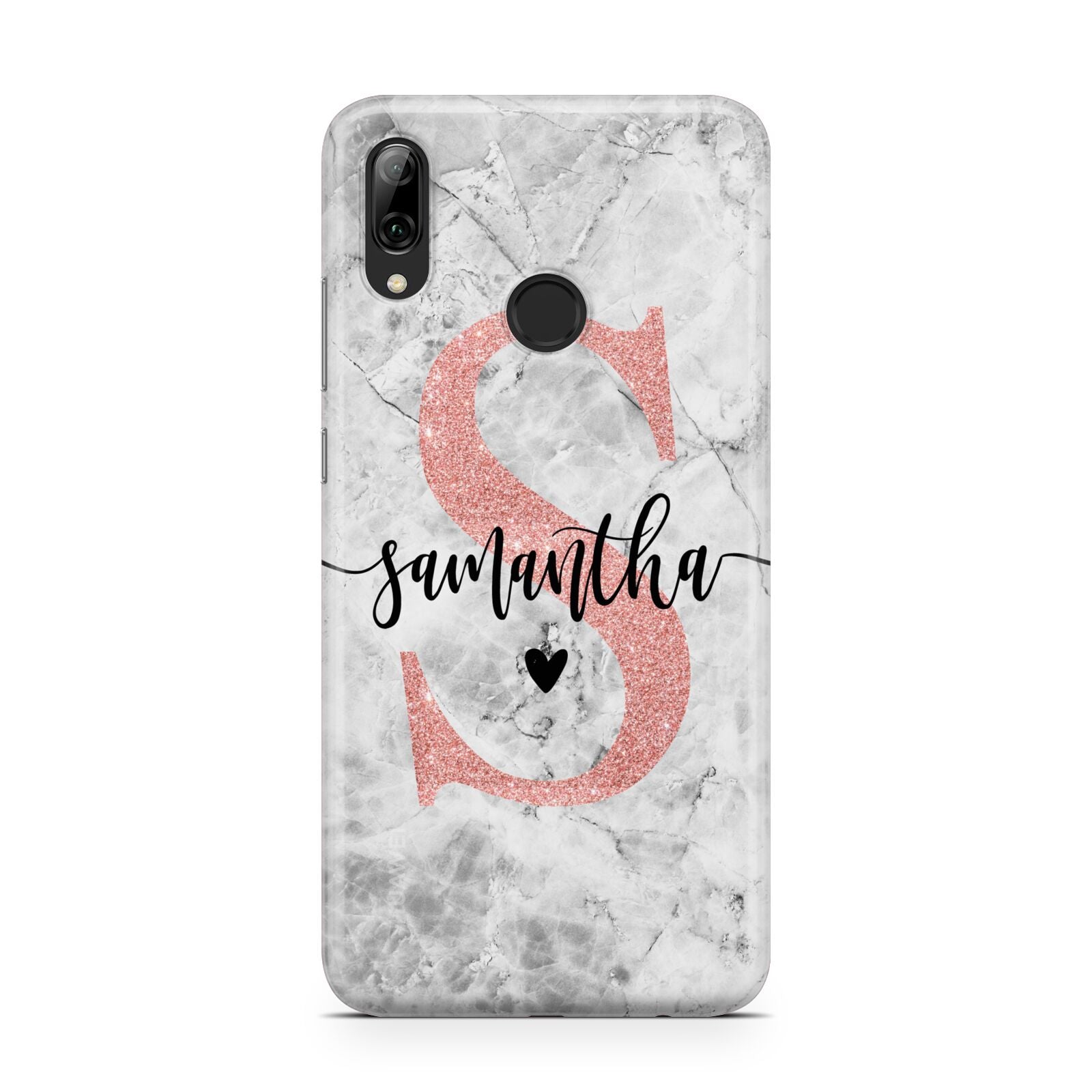 Grey Marble Personalised Pink Glitter Initial Huawei Y7 2019