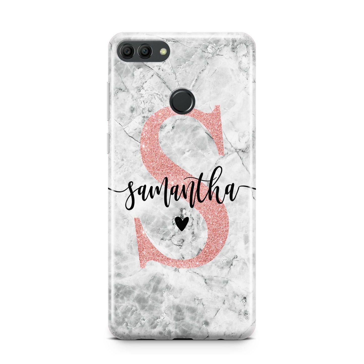 Grey Marble Personalised Pink Glitter Initial Huawei Y9 2018