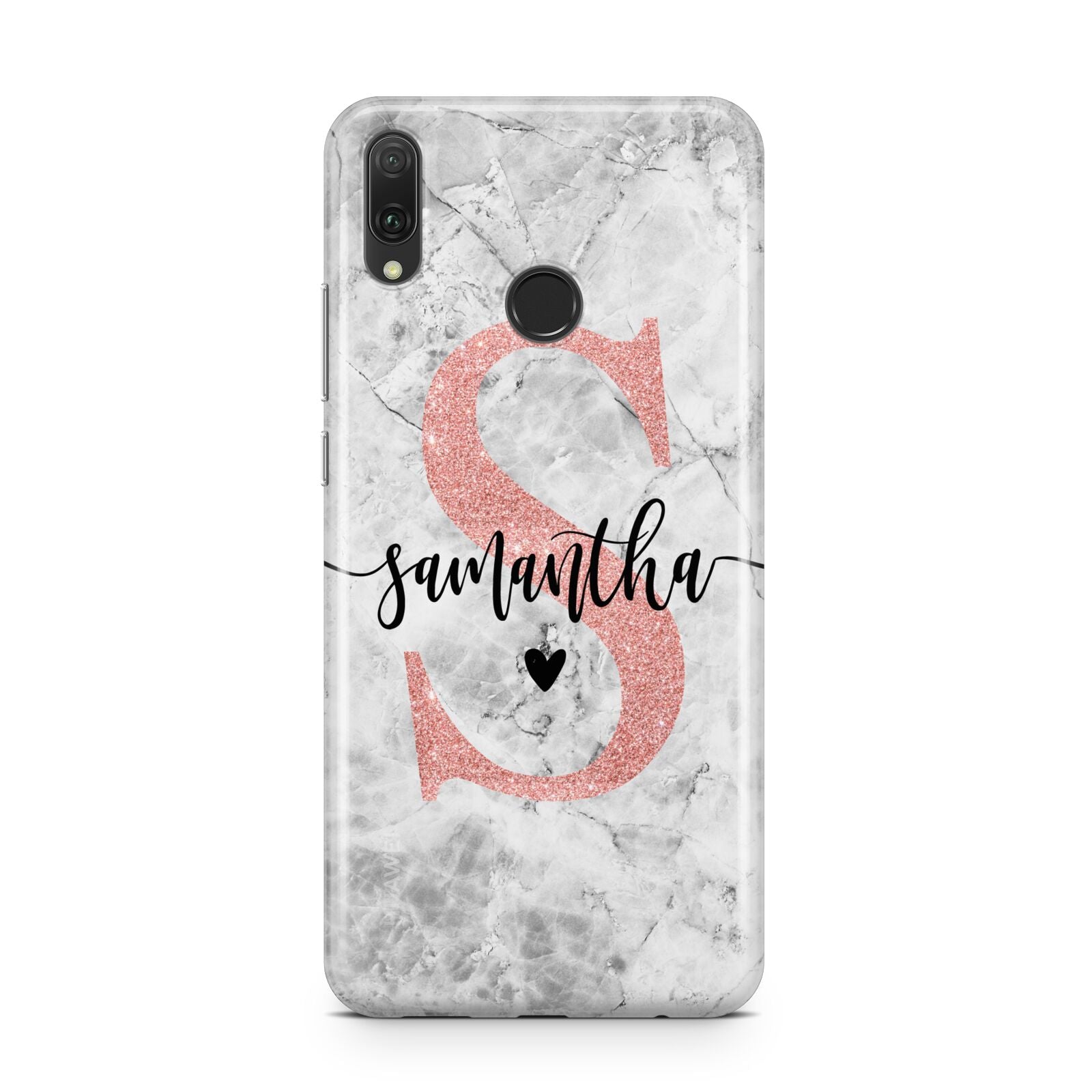 Grey Marble Personalised Pink Glitter Initial Huawei Y9 2019