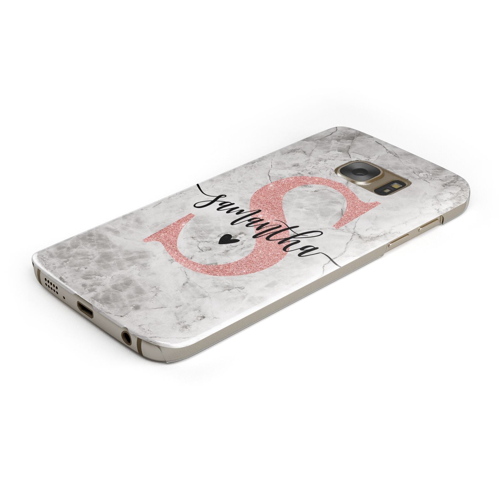 Grey Marble Personalised Pink Glitter Initial Protective Samsung Galaxy Case Angled Image