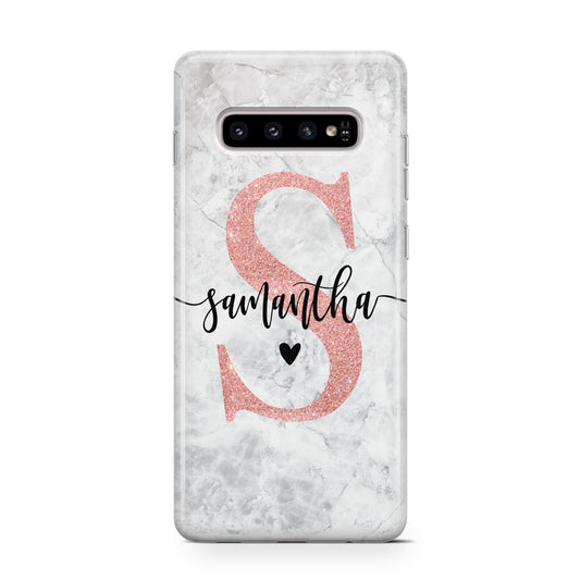 Grey Marble Personalised Pink Glitter Initial Protective Samsung Galaxy Case