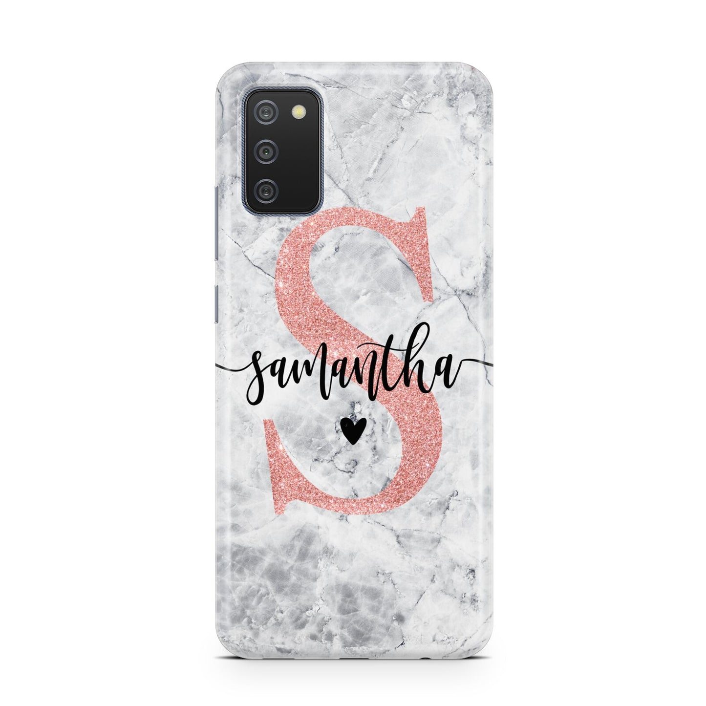 Grey Marble Personalised Pink Glitter Initial Samsung A02s Case