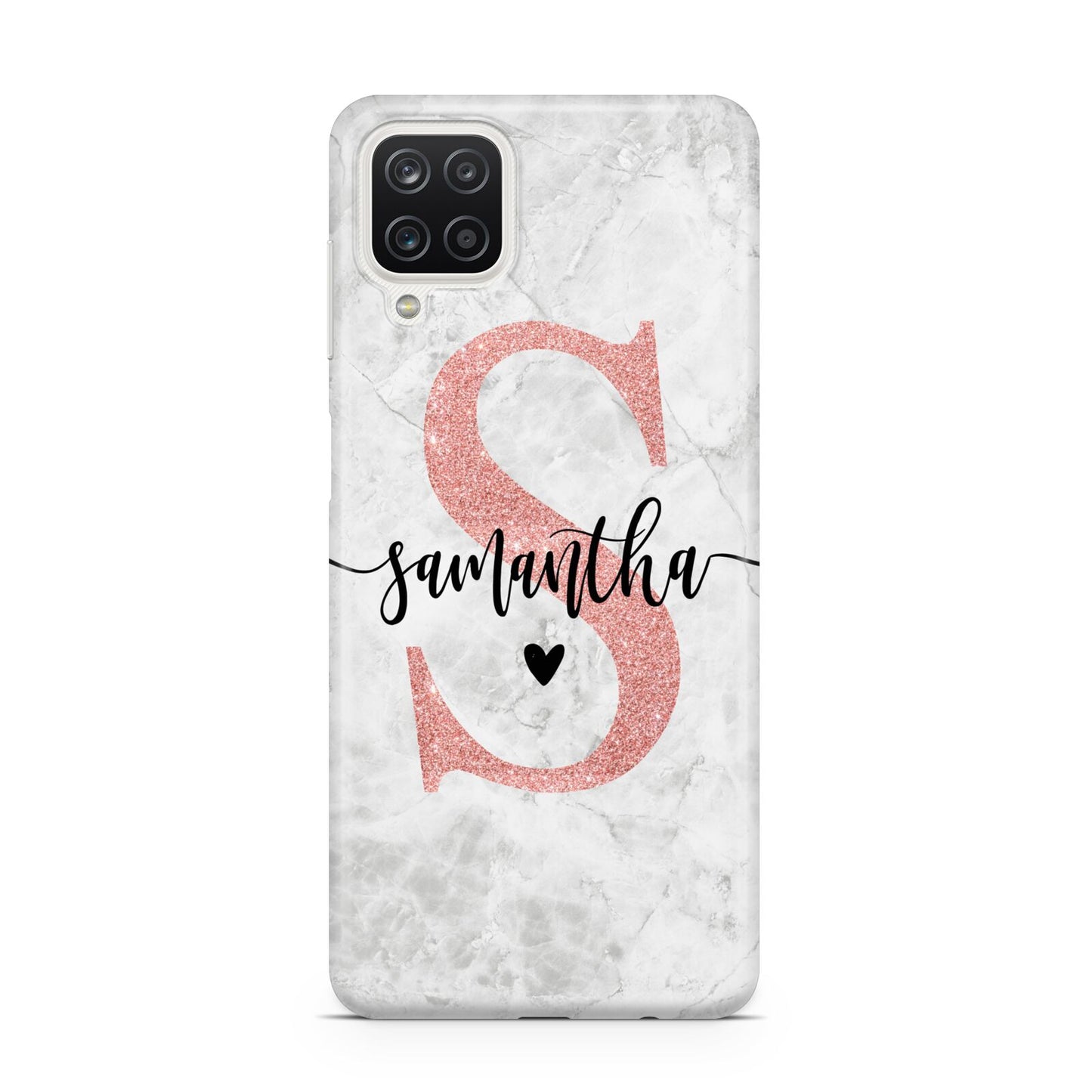 Grey Marble Personalised Pink Glitter Initial Samsung A12 Case