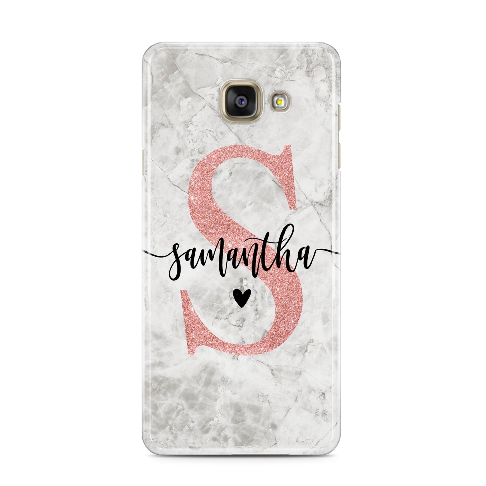 Grey Marble Personalised Pink Glitter Initial Samsung Galaxy A3 2016 Case on gold phone