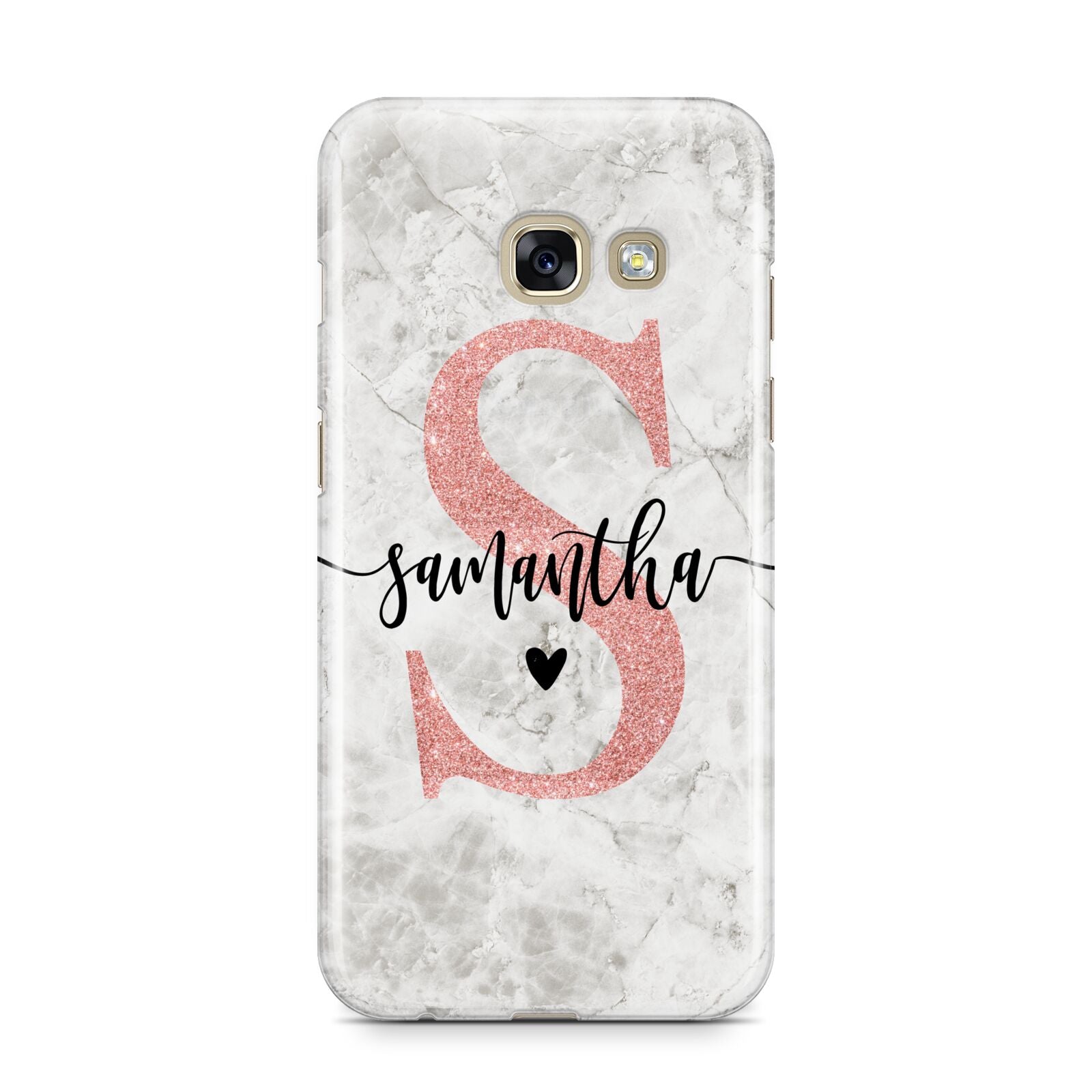 Grey Marble Personalised Pink Glitter Initial Samsung Galaxy A3 2017 Case on gold phone