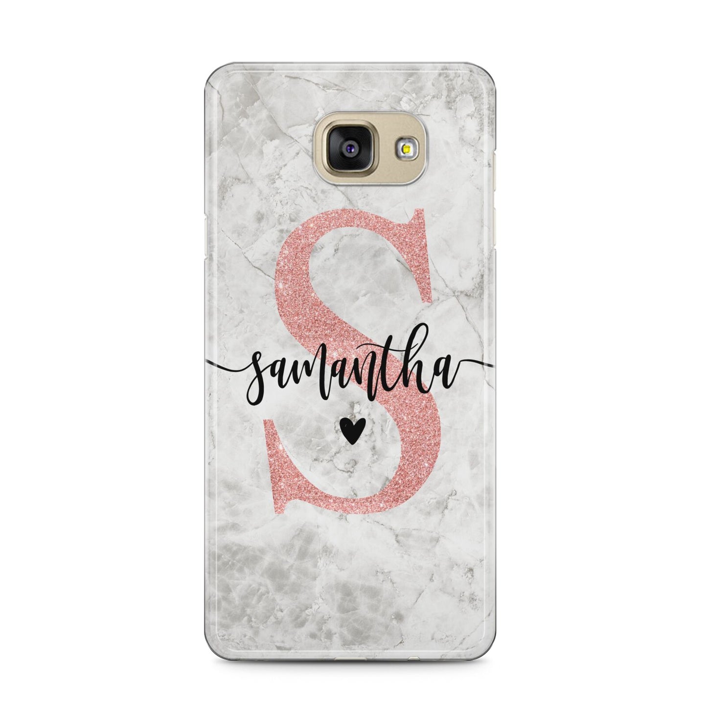 Grey Marble Personalised Pink Glitter Initial Samsung Galaxy A5 2016 Case on gold phone