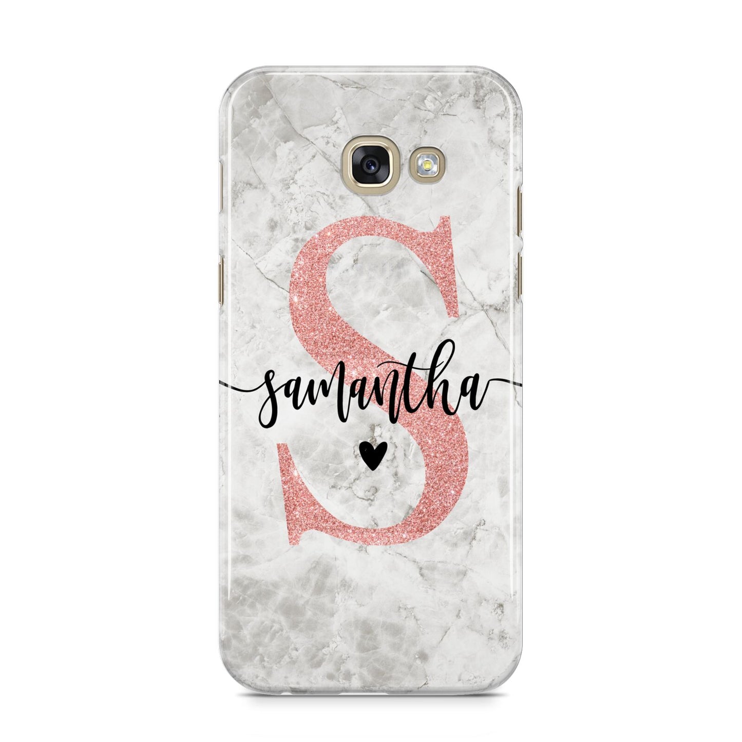 Grey Marble Personalised Pink Glitter Initial Samsung Galaxy A5 2017 Case on gold phone