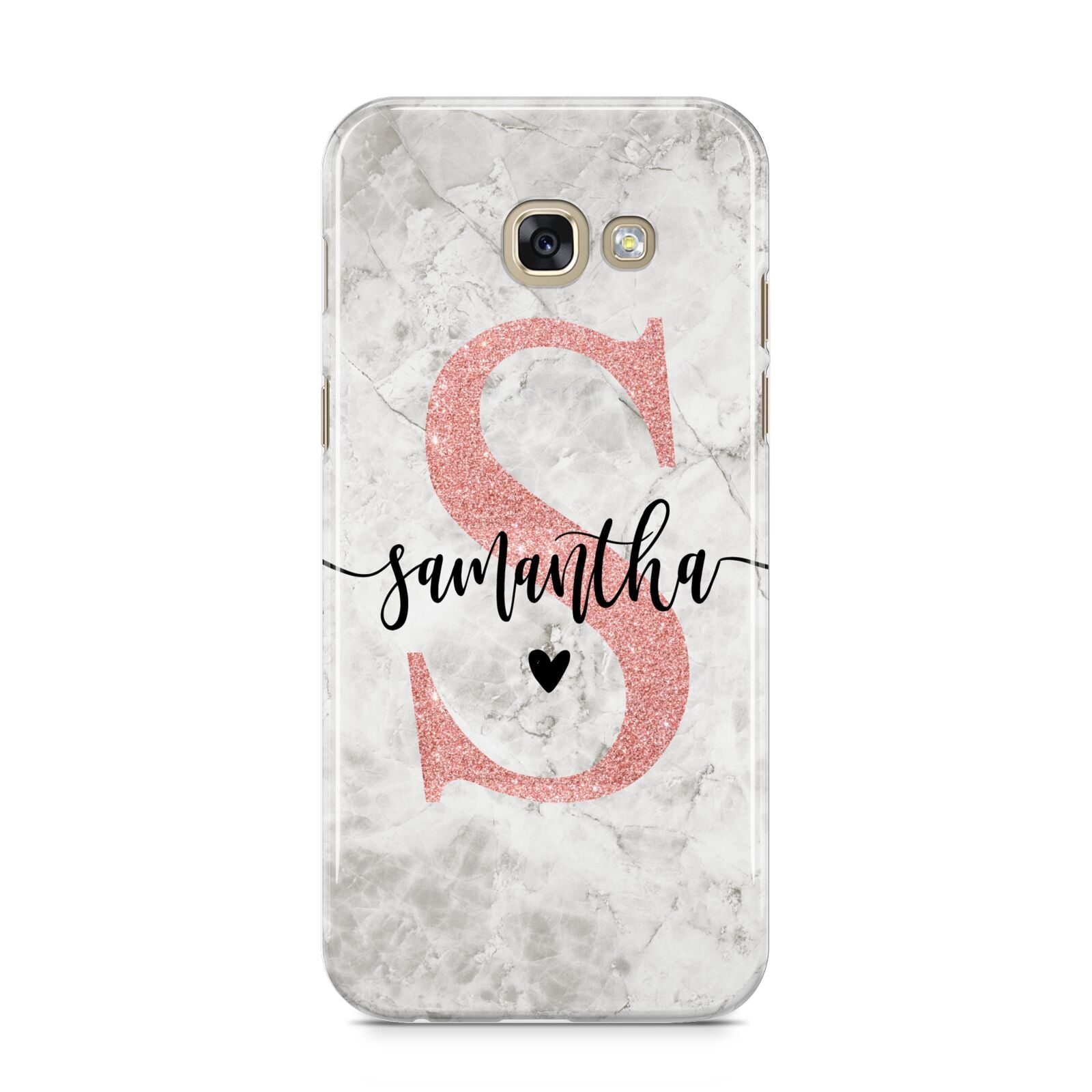 Grey Marble Personalised Pink Glitter Initial Samsung Galaxy A5 2017 Case on gold phone