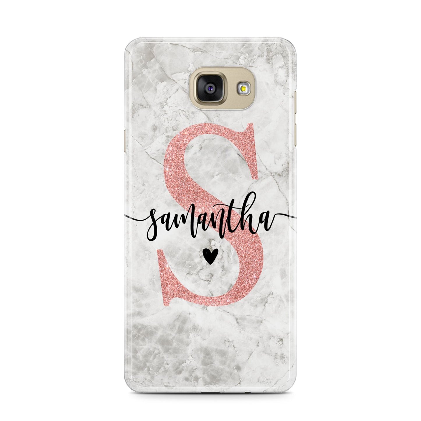 Grey Marble Personalised Pink Glitter Initial Samsung Galaxy A7 2016 Case on gold phone