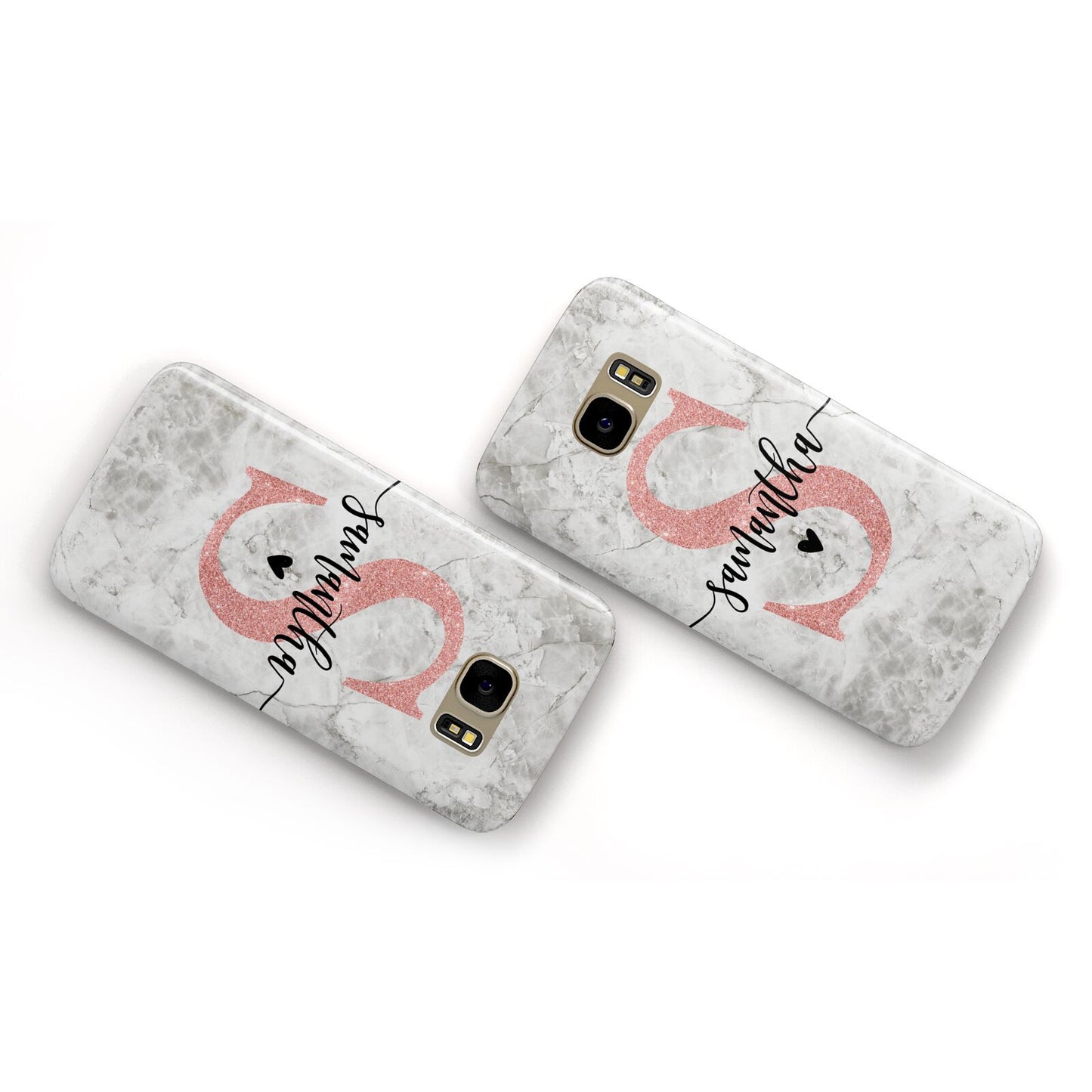 Grey Marble Personalised Pink Glitter Initial Samsung Galaxy Case Flat Overview