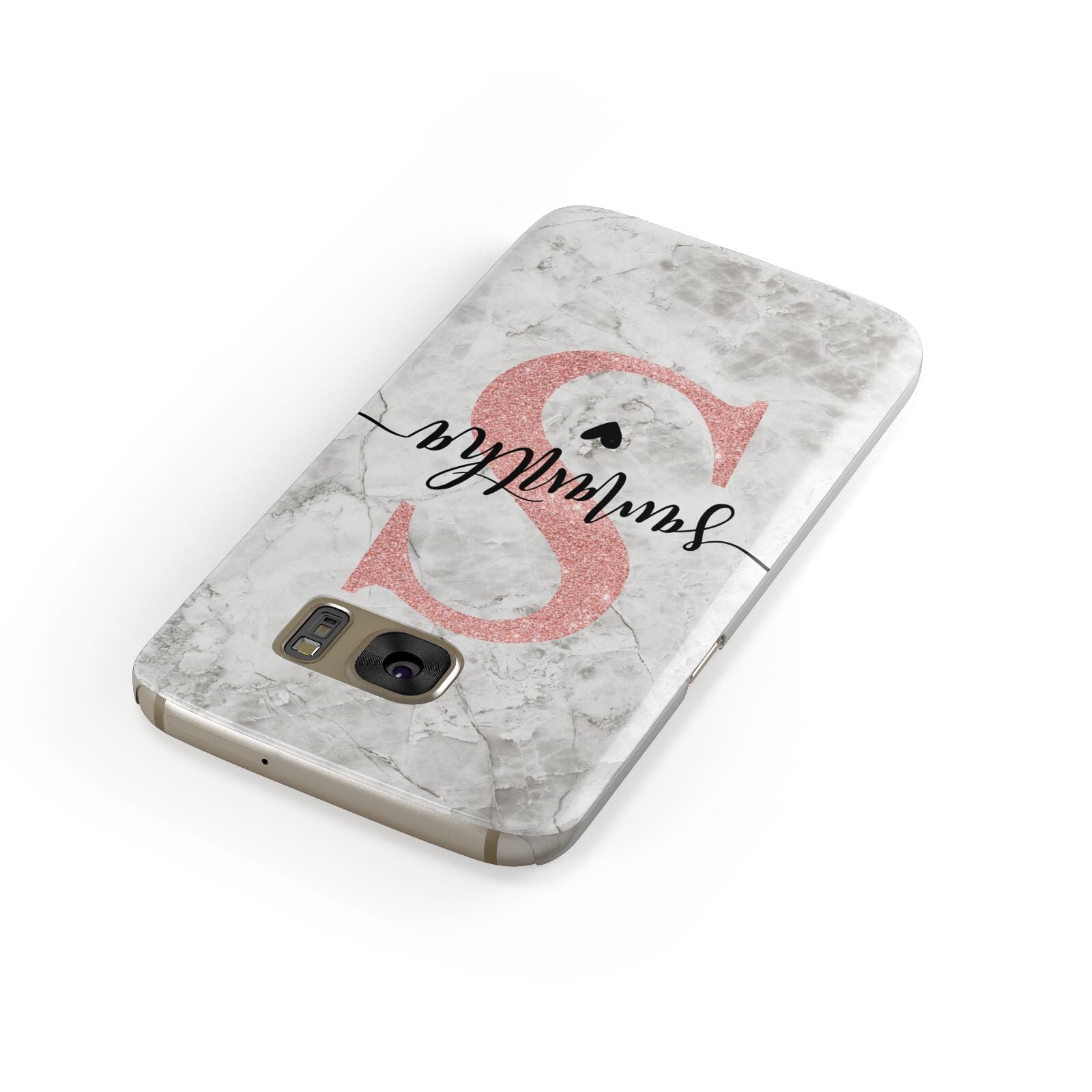 Grey Marble Personalised Pink Glitter Initial Samsung Galaxy Case Front Close Up