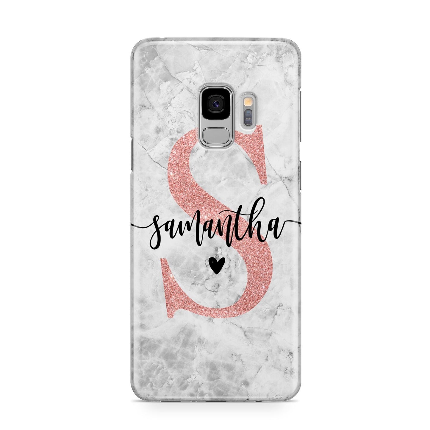 Grey Marble Personalised Pink Glitter Initial Samsung Galaxy S9 Case