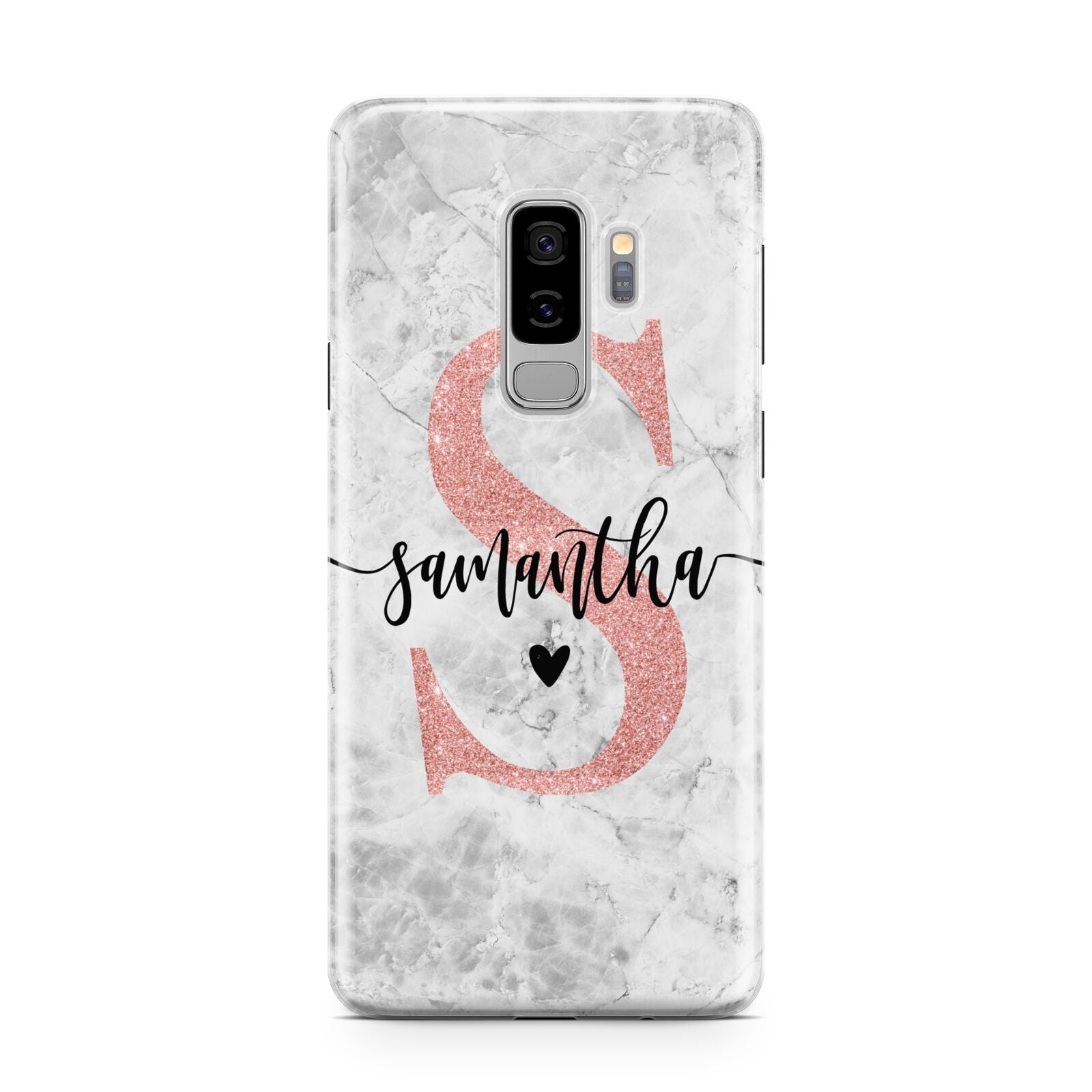 Grey Marble Personalised Pink Glitter Initial Samsung Galaxy S9 Plus Case on Silver phone