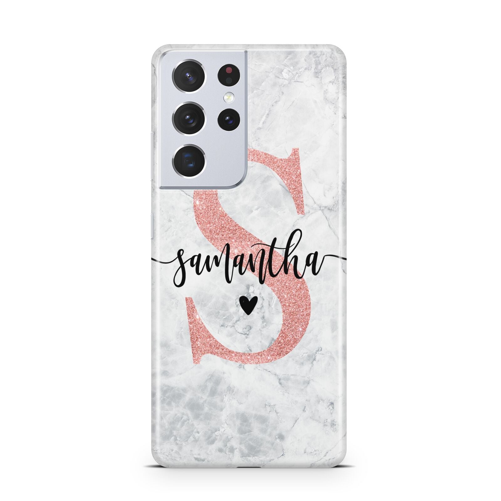 Grey Marble Personalised Pink Glitter Initial Samsung S21 Ultra Case