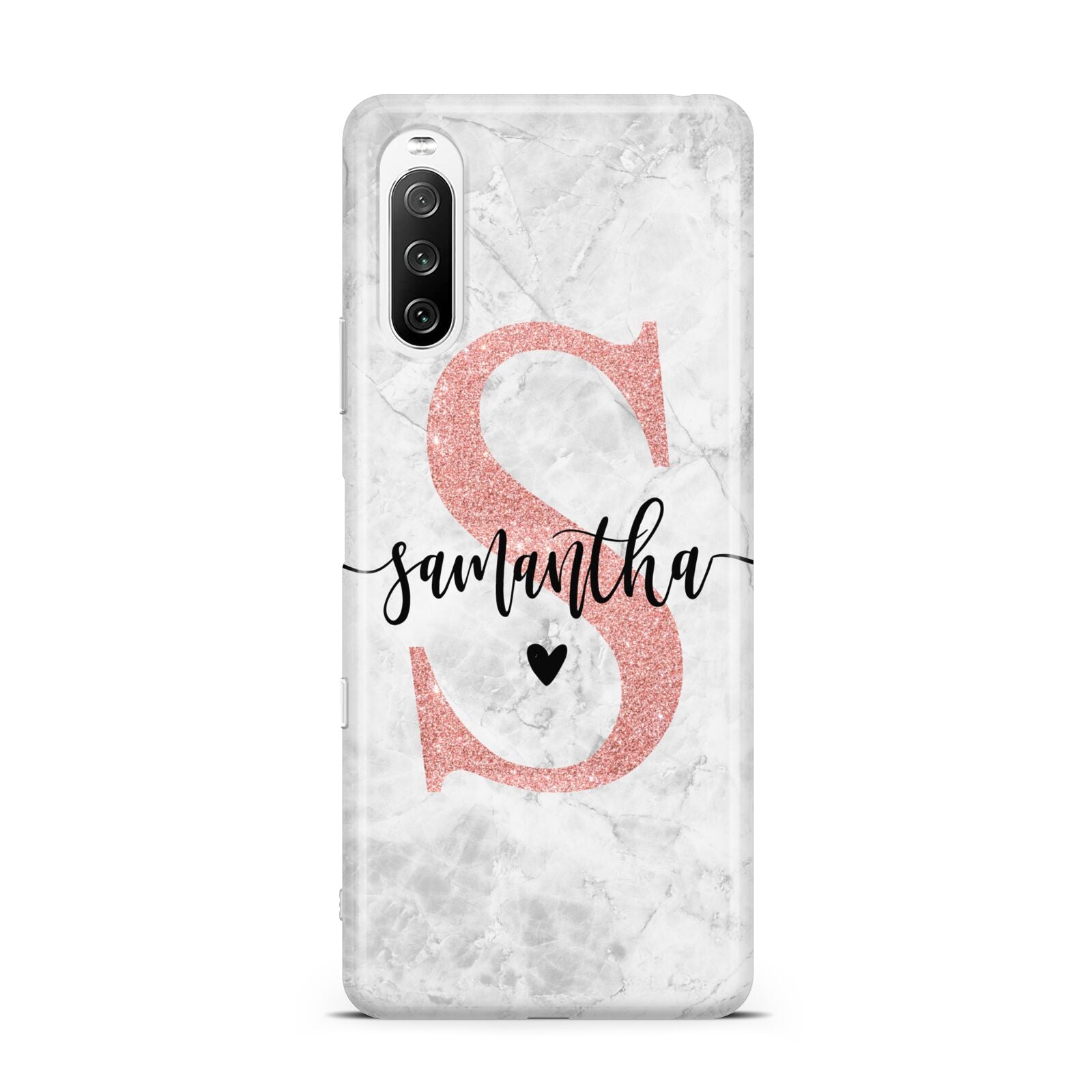 Grey Marble Personalised Pink Glitter Initial Sony Xperia 10 III Case