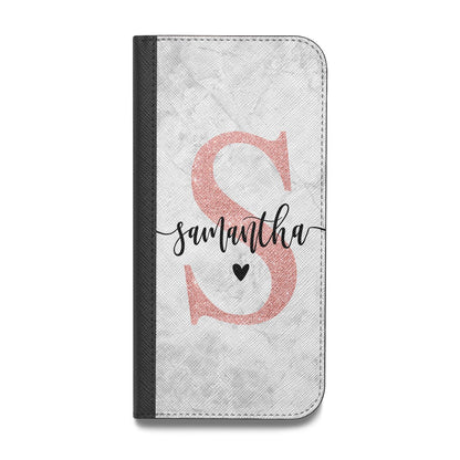 Grey Marble Personalised Pink Glitter Initial Vegan Leather Flip iPhone Case