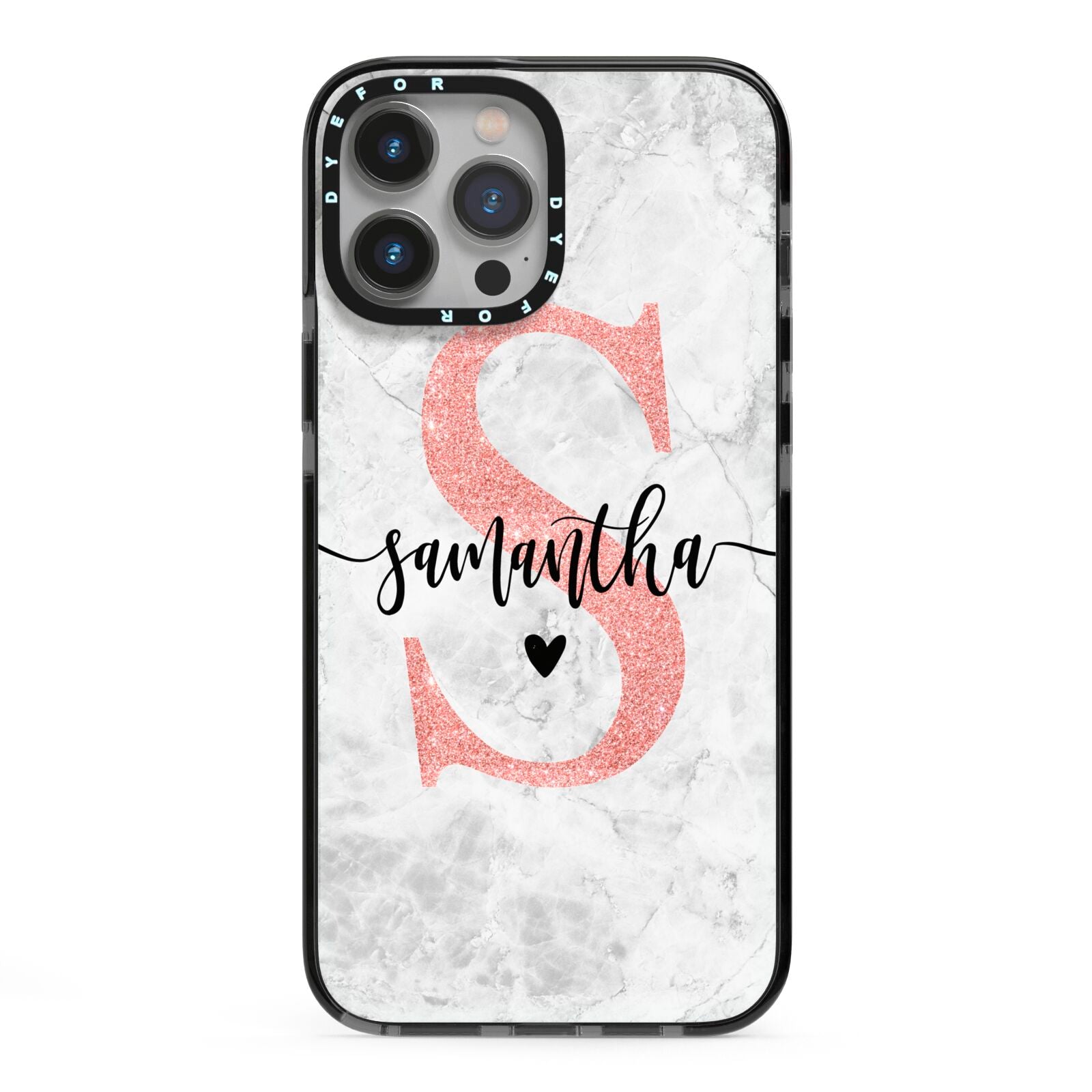 Grey Marble Personalised Pink Glitter Initial iPhone 13 Pro Max Black Impact Case on Silver phone