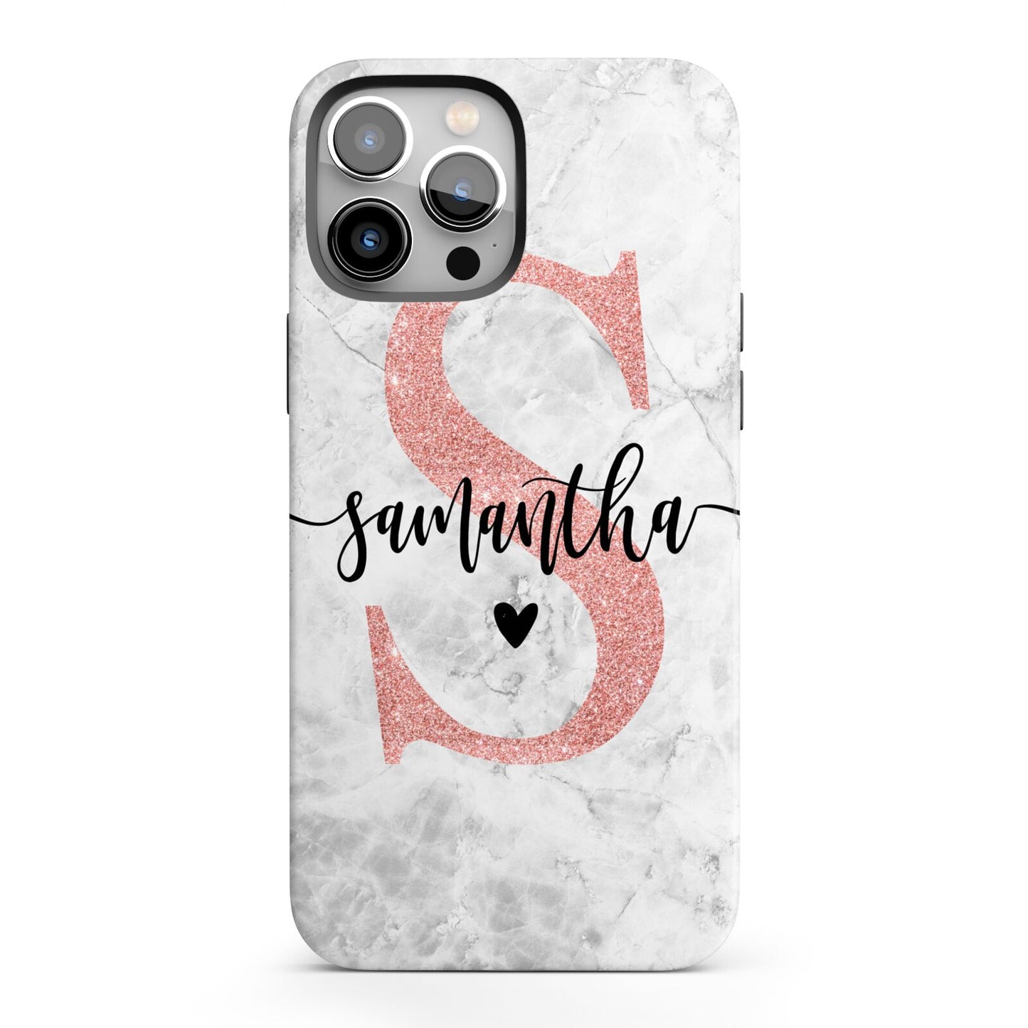 Grey Marble Personalised Pink Glitter Initial iPhone 13 Pro Max Full Wrap 3D Tough Case