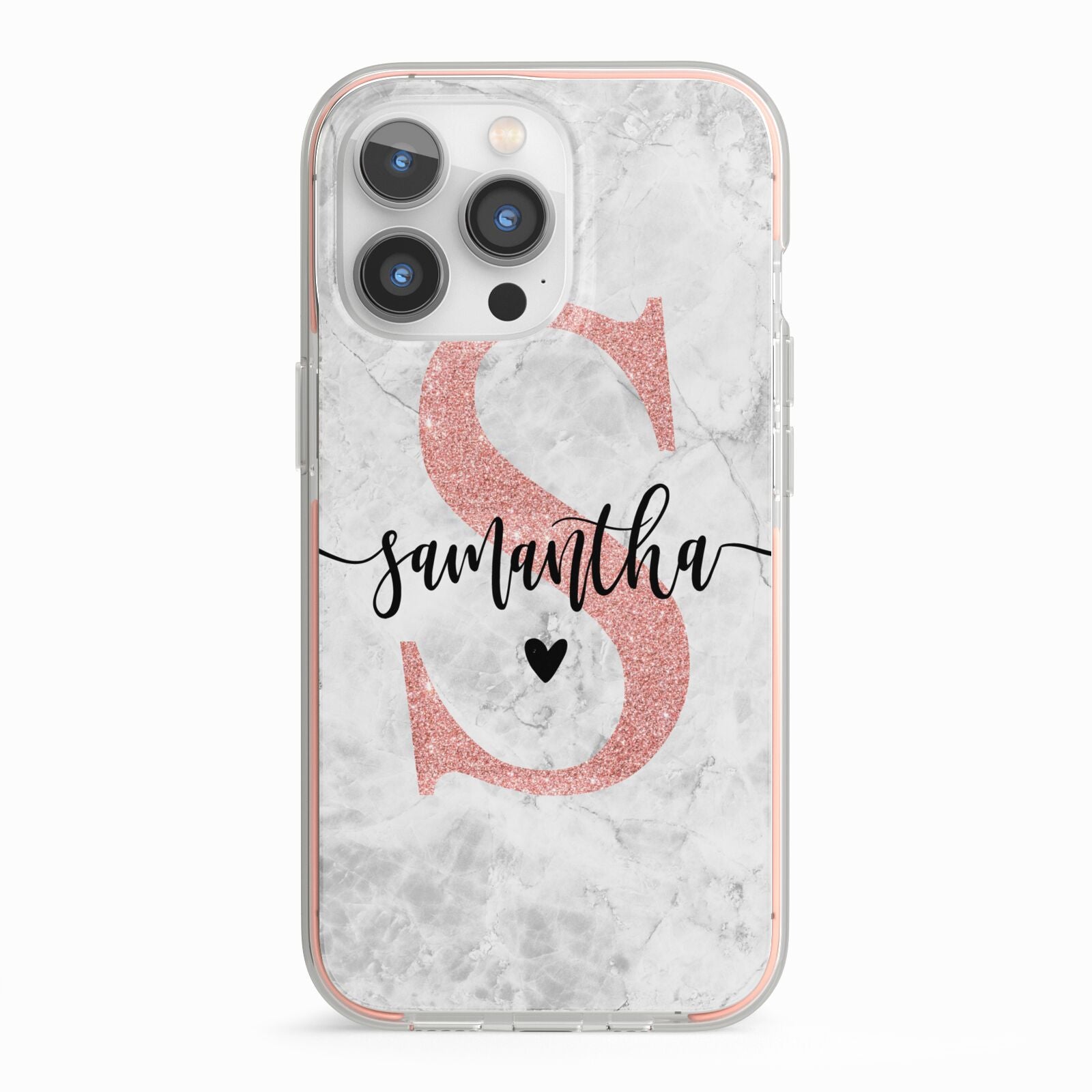 Grey Marble Personalised Pink Glitter Initial iPhone 13 Pro TPU Impact Case with Pink Edges