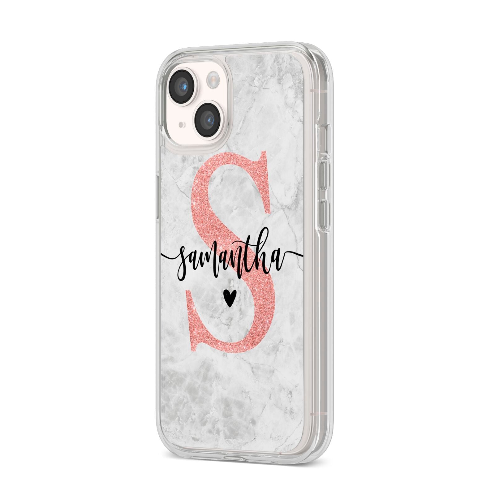 Grey Marble Personalised Pink Glitter Initial iPhone 14 Clear Tough Case Starlight Angled Image