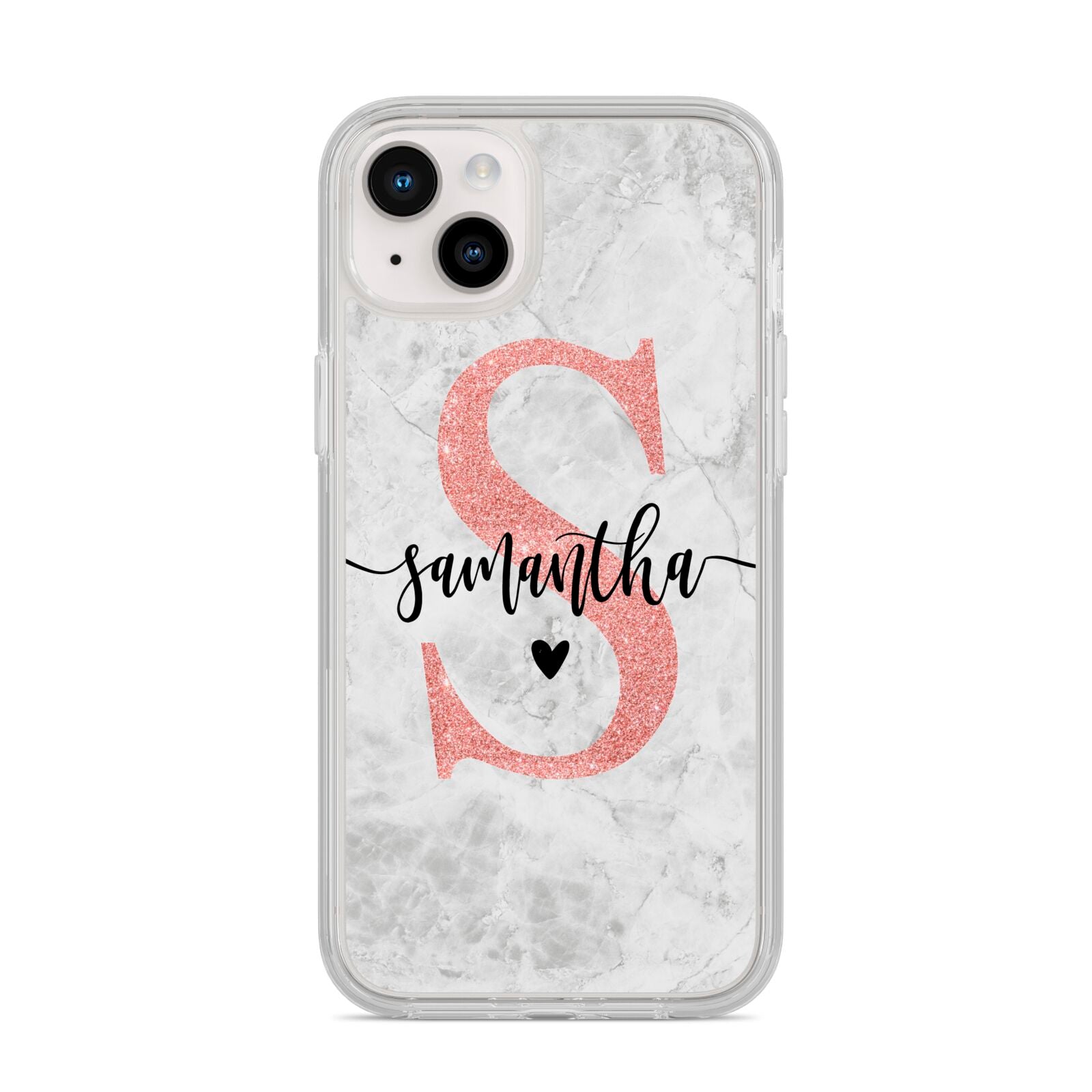 Grey Marble Personalised Pink Glitter Initial iPhone 14 Plus Clear Tough Case Starlight