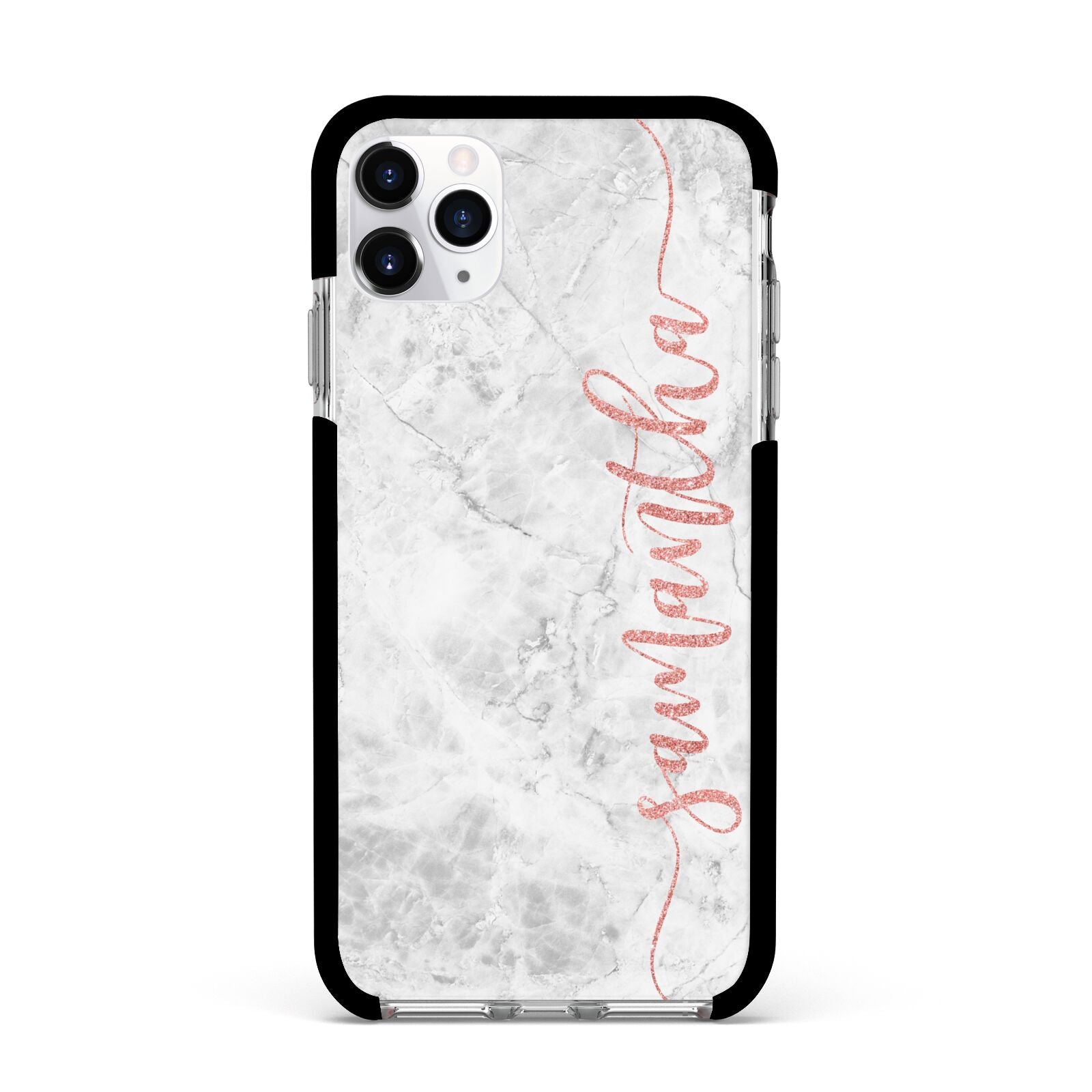 Grey Marble Personalised Vertical Glitter Name Apple iPhone 11 Pro Max in Silver with Black Impact Case