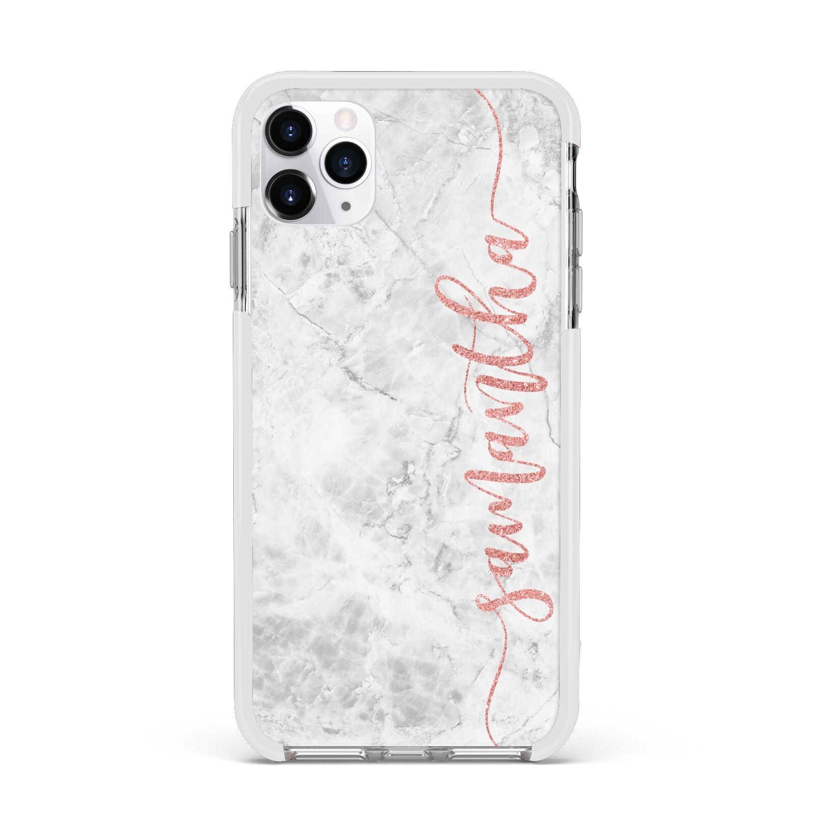 Grey Marble Personalised Vertical Glitter Name Apple iPhone 11 Pro Max in Silver with White Impact Case