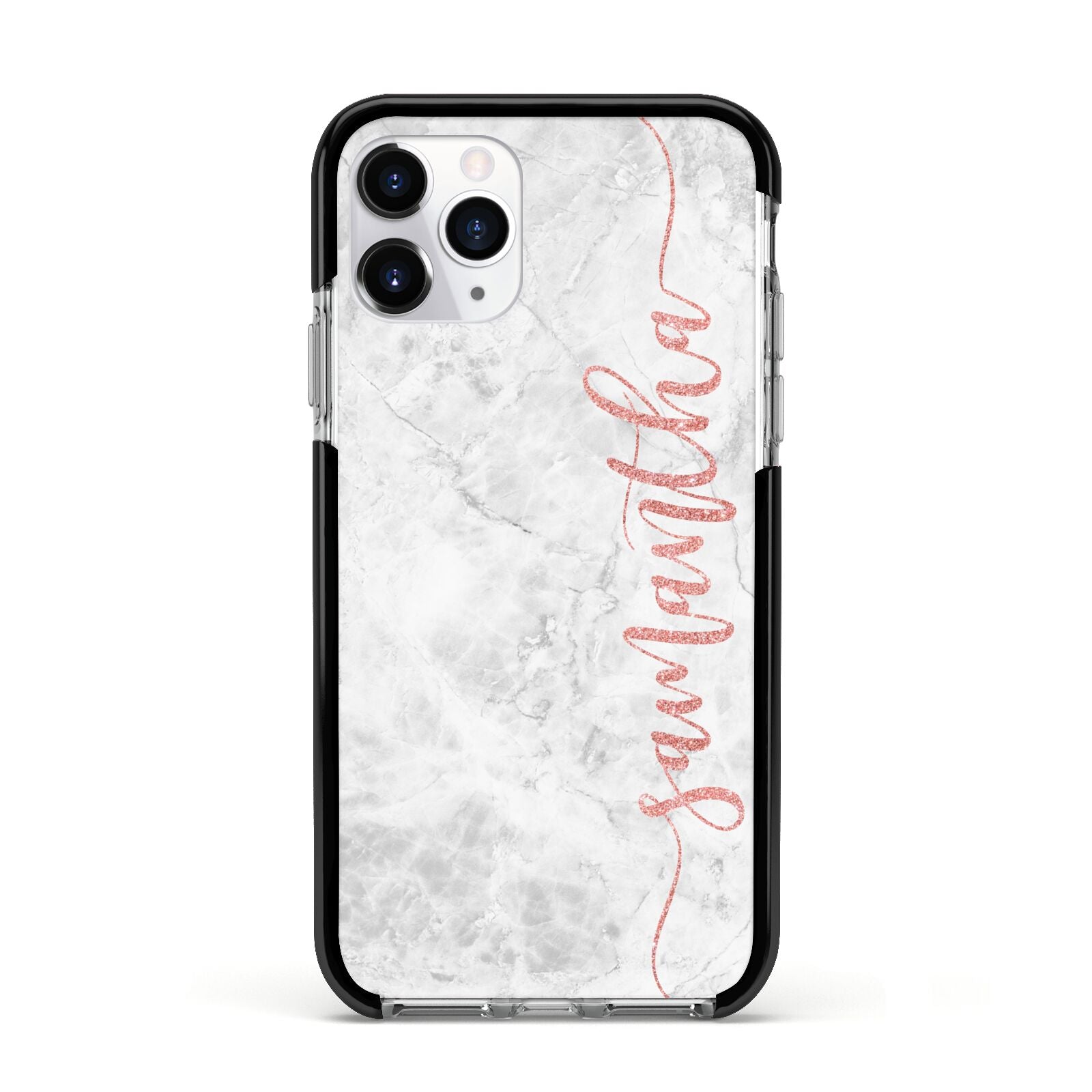Grey Marble Personalised Vertical Glitter Name Apple iPhone 11 Pro in Silver with Black Impact Case
