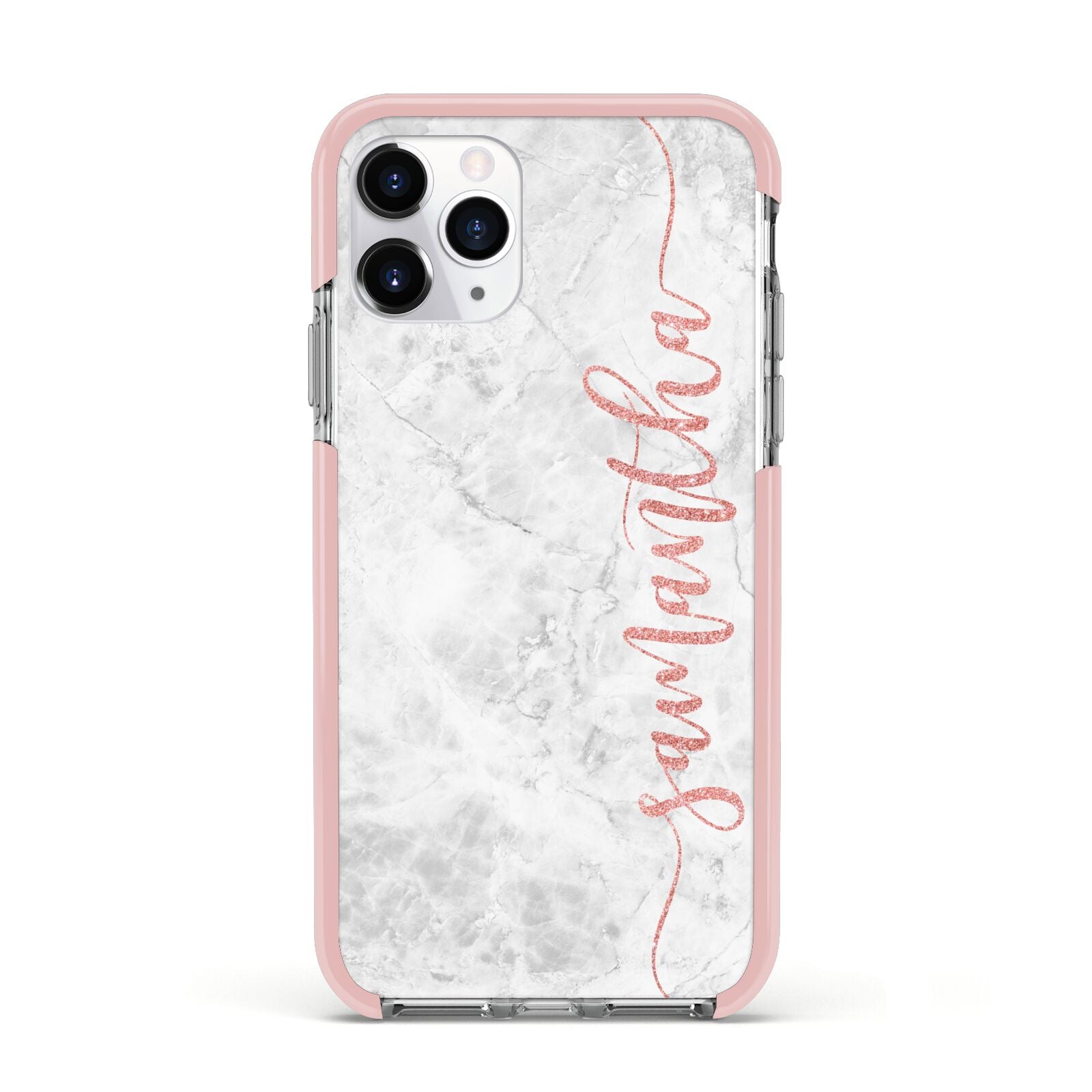 Grey Marble Personalised Vertical Glitter Name Apple iPhone 11 Pro in Silver with Pink Impact Case