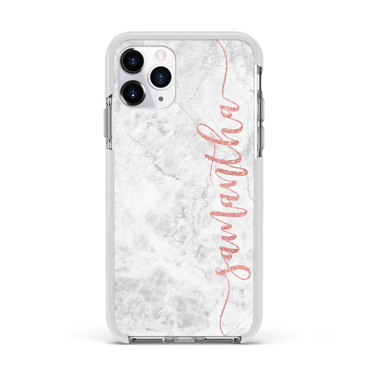 Grey Marble Personalised Vertical Glitter Name Apple iPhone 11 Pro in Silver with White Impact Case