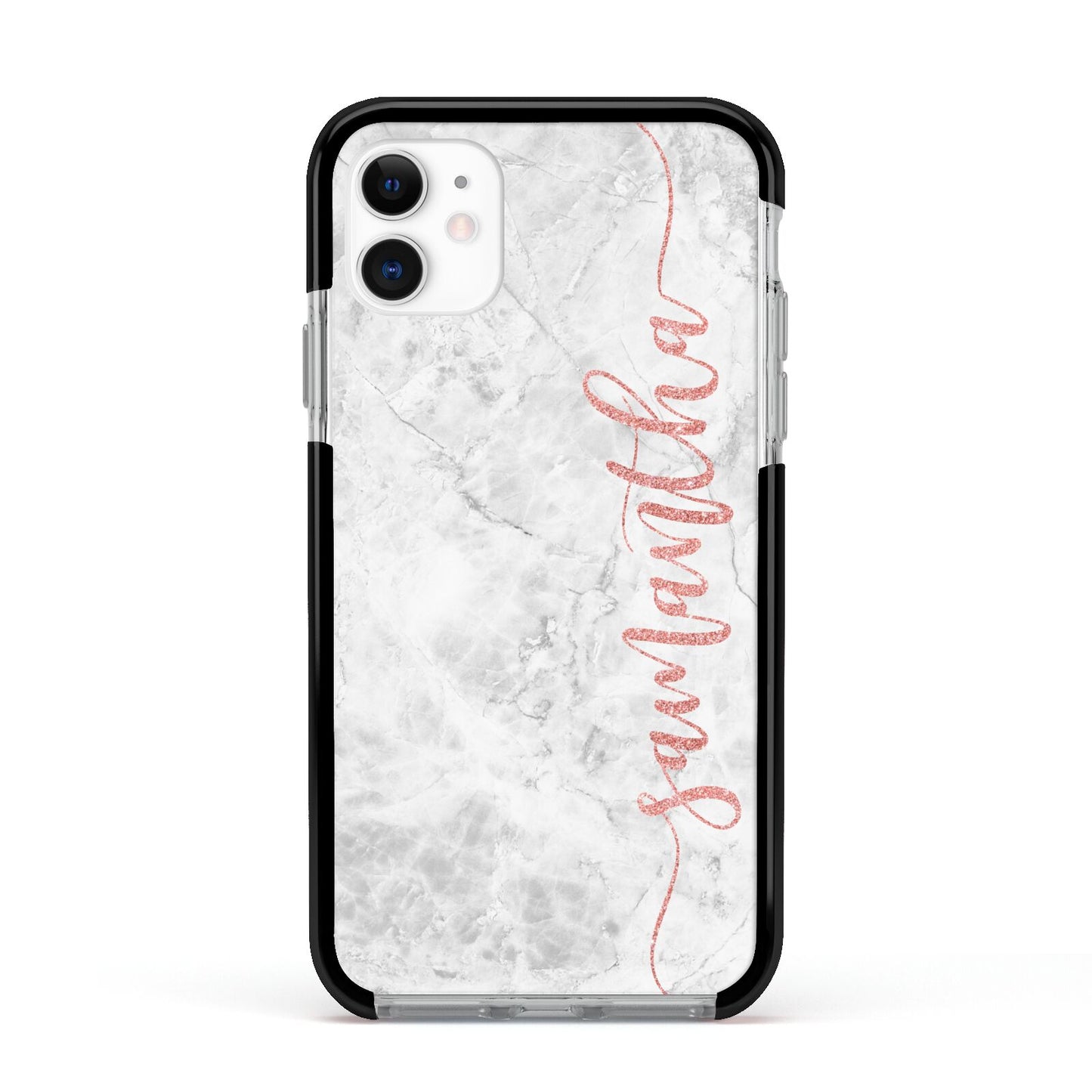 Grey Marble Personalised Vertical Glitter Name Apple iPhone 11 in White with Black Impact Case