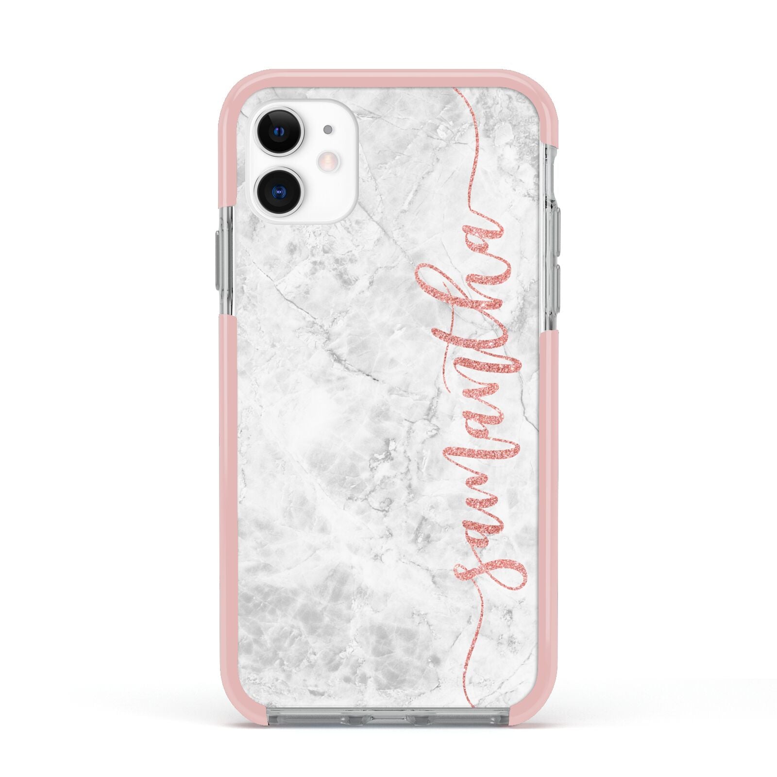 Grey Marble Personalised Vertical Glitter Name Apple iPhone 11 in White with Pink Impact Case