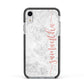 Grey Marble Personalised Vertical Glitter Name Apple iPhone XR Impact Case Black Edge on Silver Phone