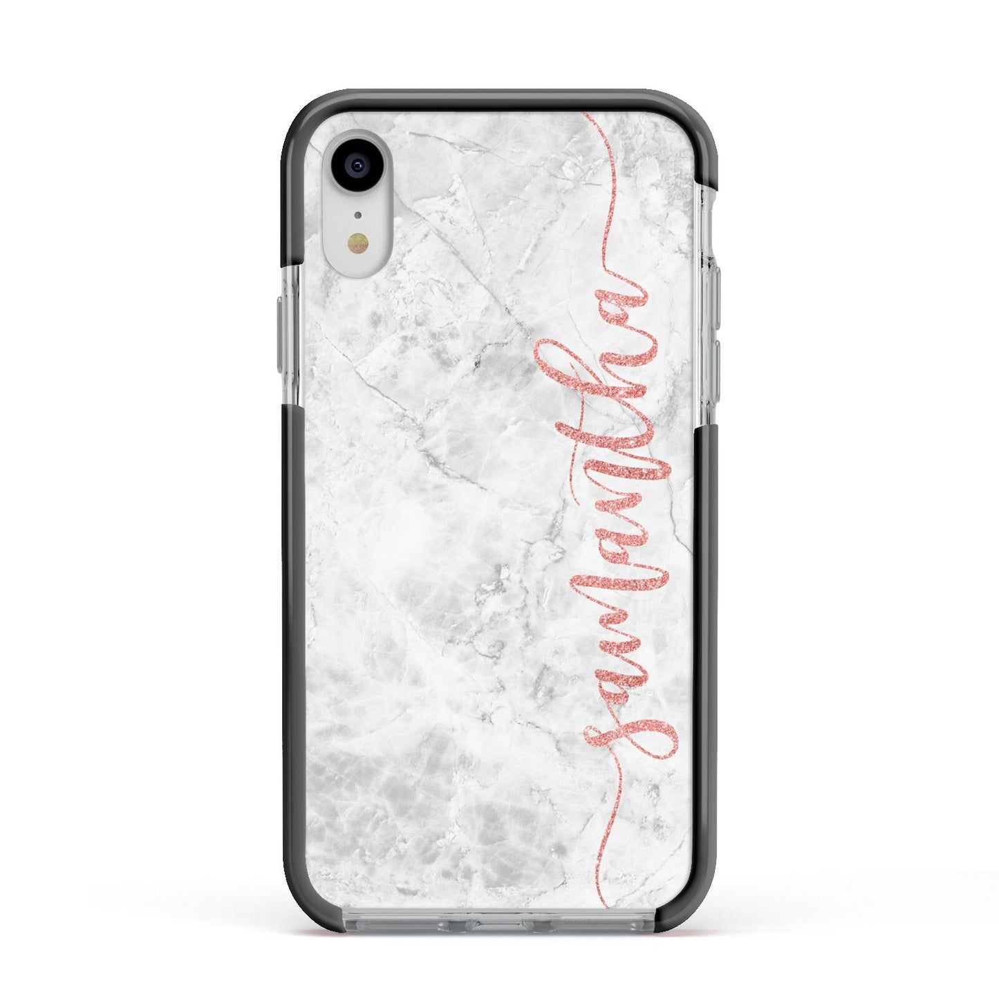 Grey Marble Personalised Vertical Glitter Name Apple iPhone XR Impact Case Black Edge on Silver Phone