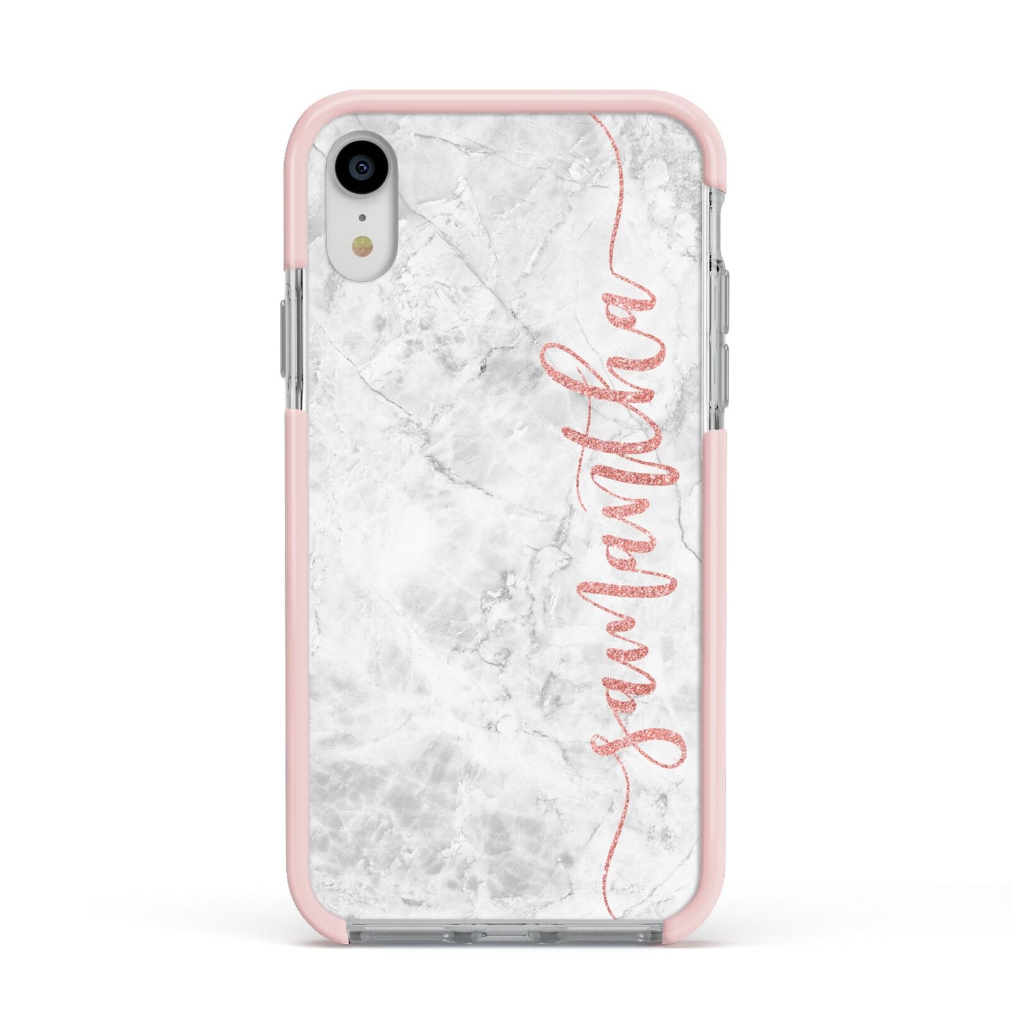 Grey Marble Personalised Vertical Glitter Name Apple iPhone XR Impact Case Pink Edge on Silver Phone