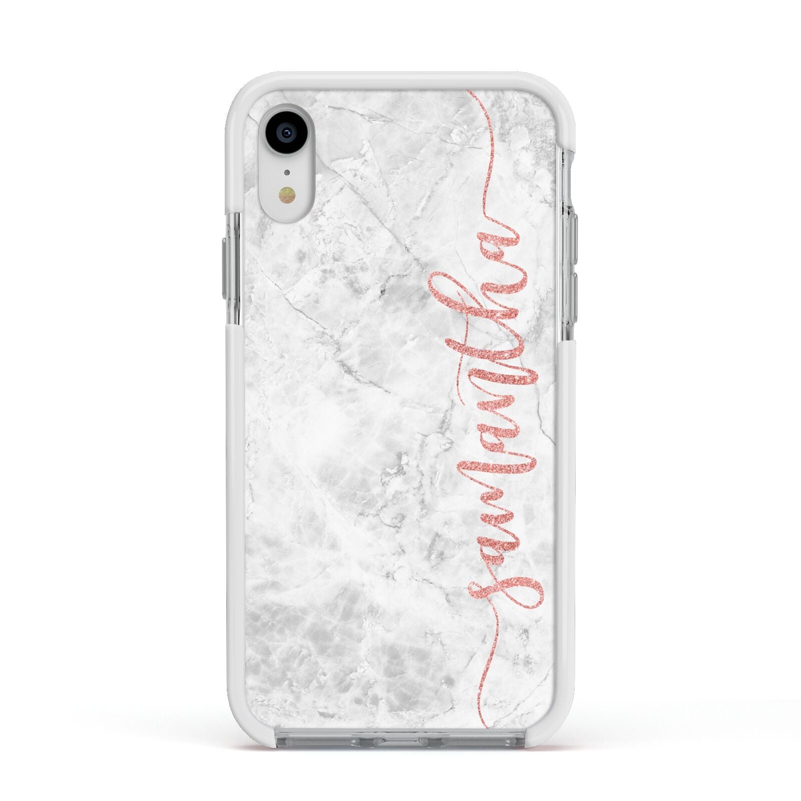 Grey Marble Personalised Vertical Glitter Name Apple iPhone XR Impact Case White Edge on Silver Phone