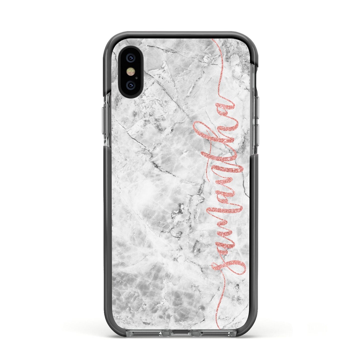 Grey Marble Personalised Vertical Glitter Name Apple iPhone Xs Impact Case Black Edge on Black Phone