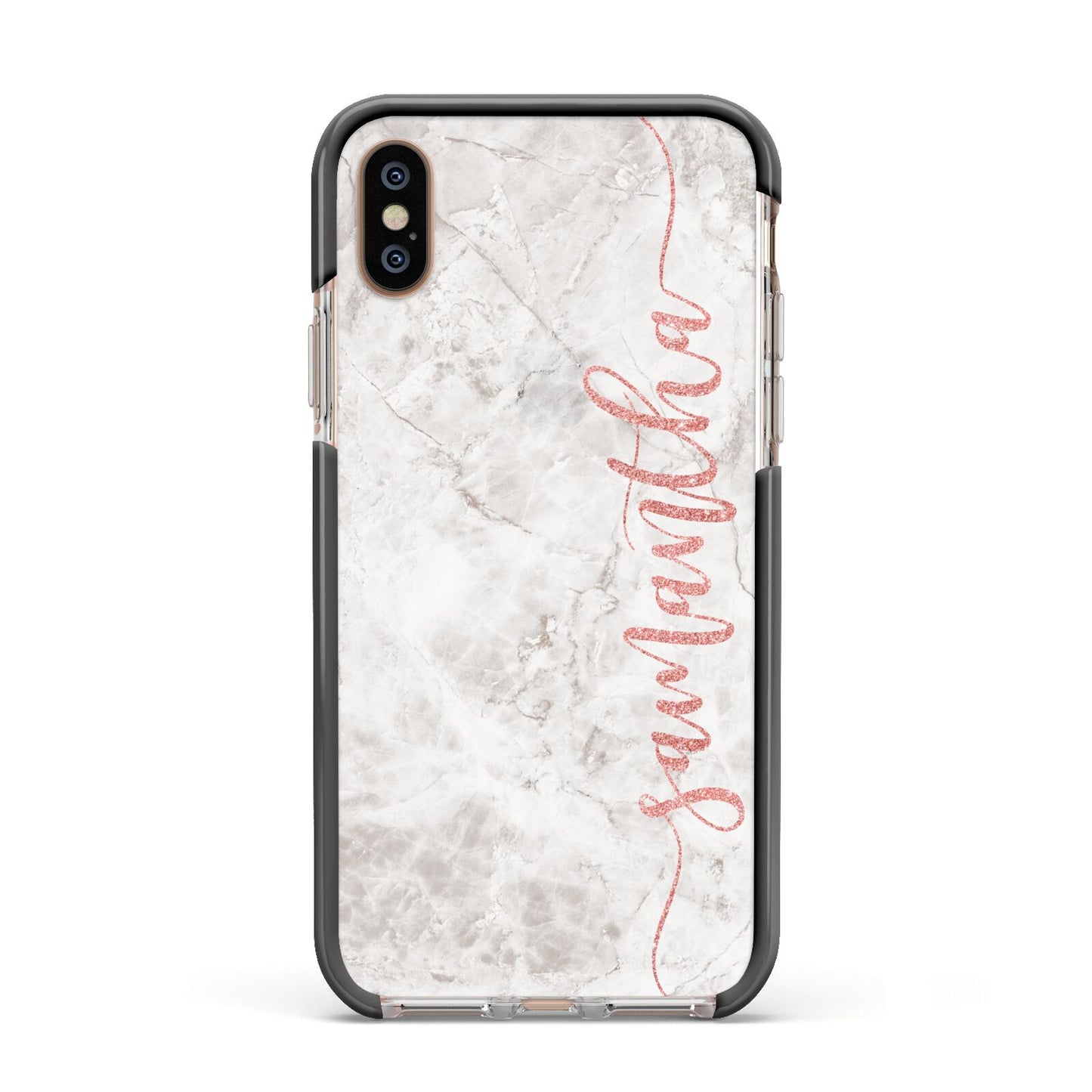 Grey Marble Personalised Vertical Glitter Name Apple iPhone Xs Impact Case Black Edge on Gold Phone