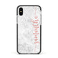Grey Marble Personalised Vertical Glitter Name Apple iPhone Xs Impact Case Black Edge on Silver Phone