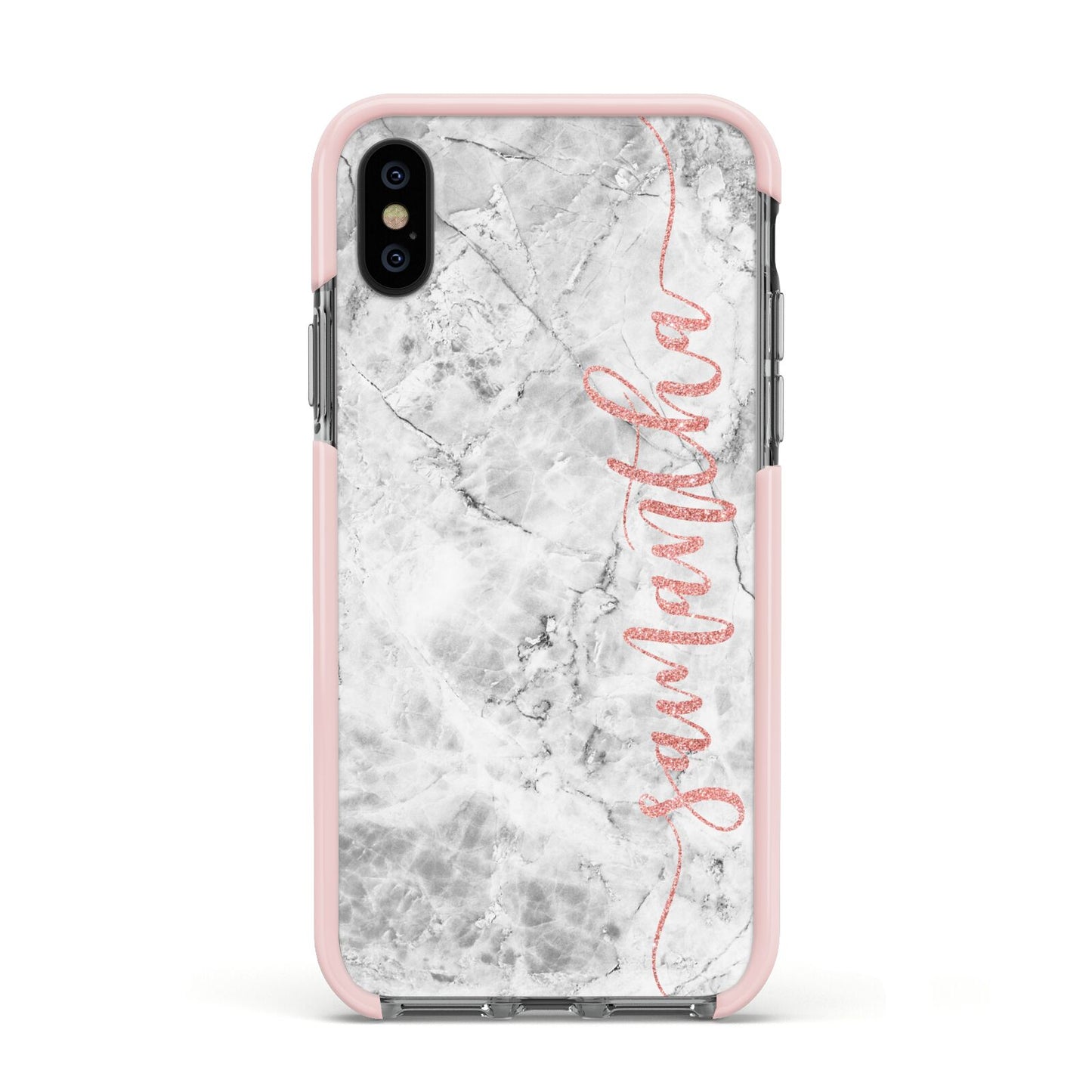 Grey Marble Personalised Vertical Glitter Name Apple iPhone Xs Impact Case Pink Edge on Black Phone