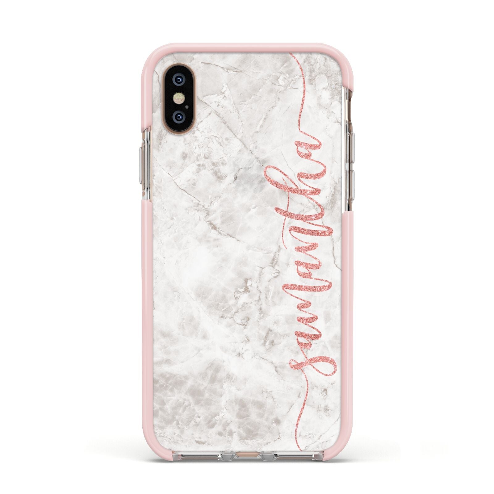 Grey Marble Personalised Vertical Glitter Name Apple iPhone Xs Impact Case Pink Edge on Gold Phone