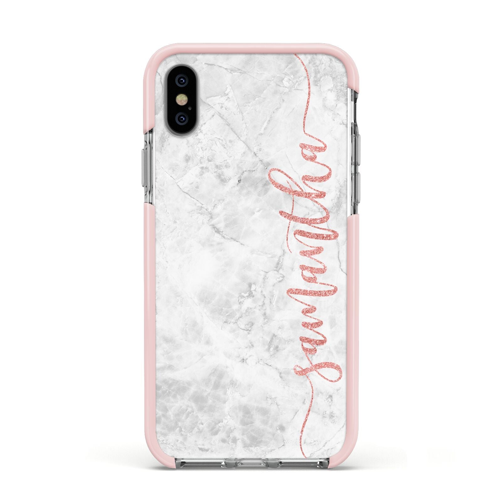 Grey Marble Personalised Vertical Glitter Name Apple iPhone Xs Impact Case Pink Edge on Silver Phone