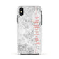 Grey Marble Personalised Vertical Glitter Name Apple iPhone Xs Impact Case White Edge on Black Phone