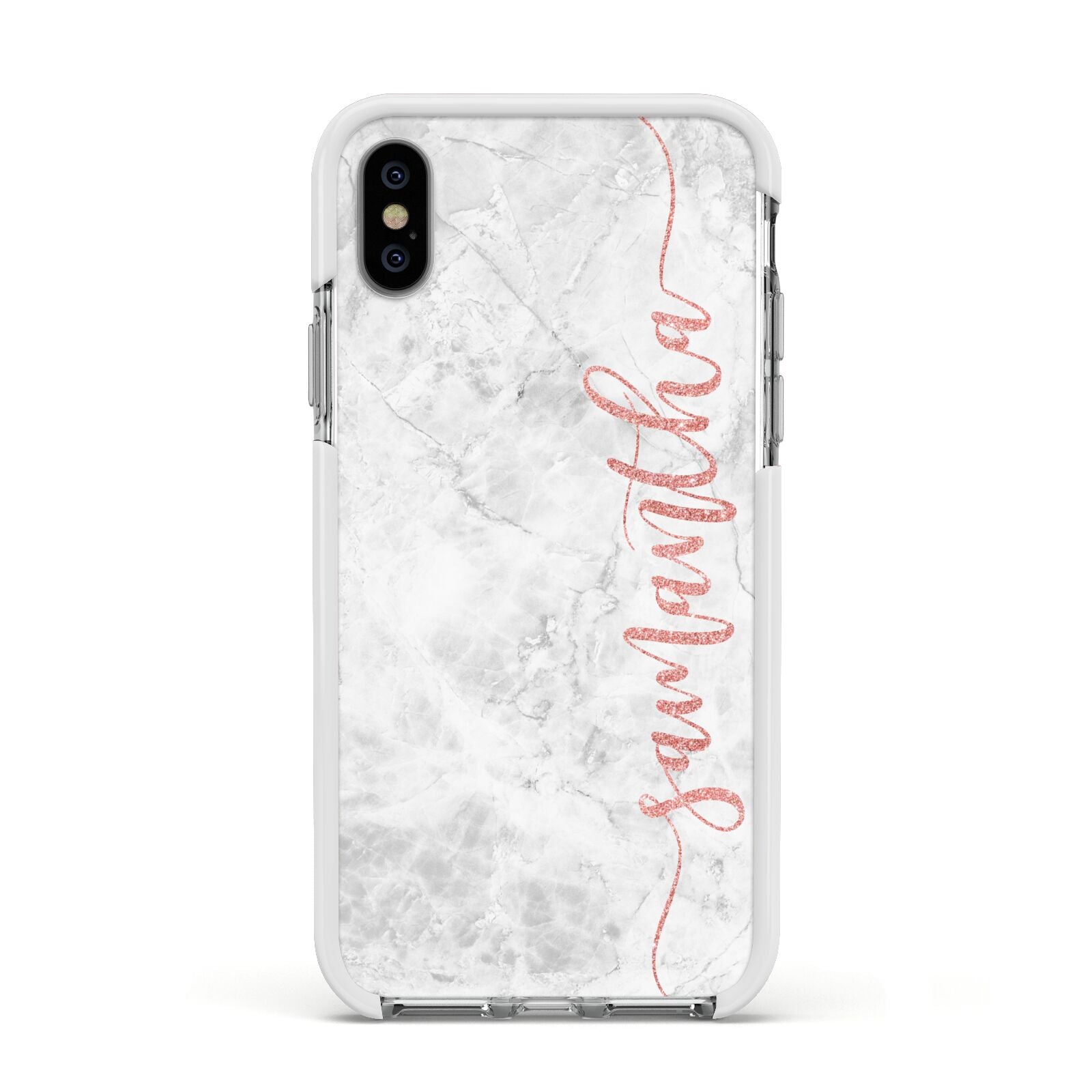 Grey Marble Personalised Vertical Glitter Name Apple iPhone Xs Impact Case White Edge on Silver Phone