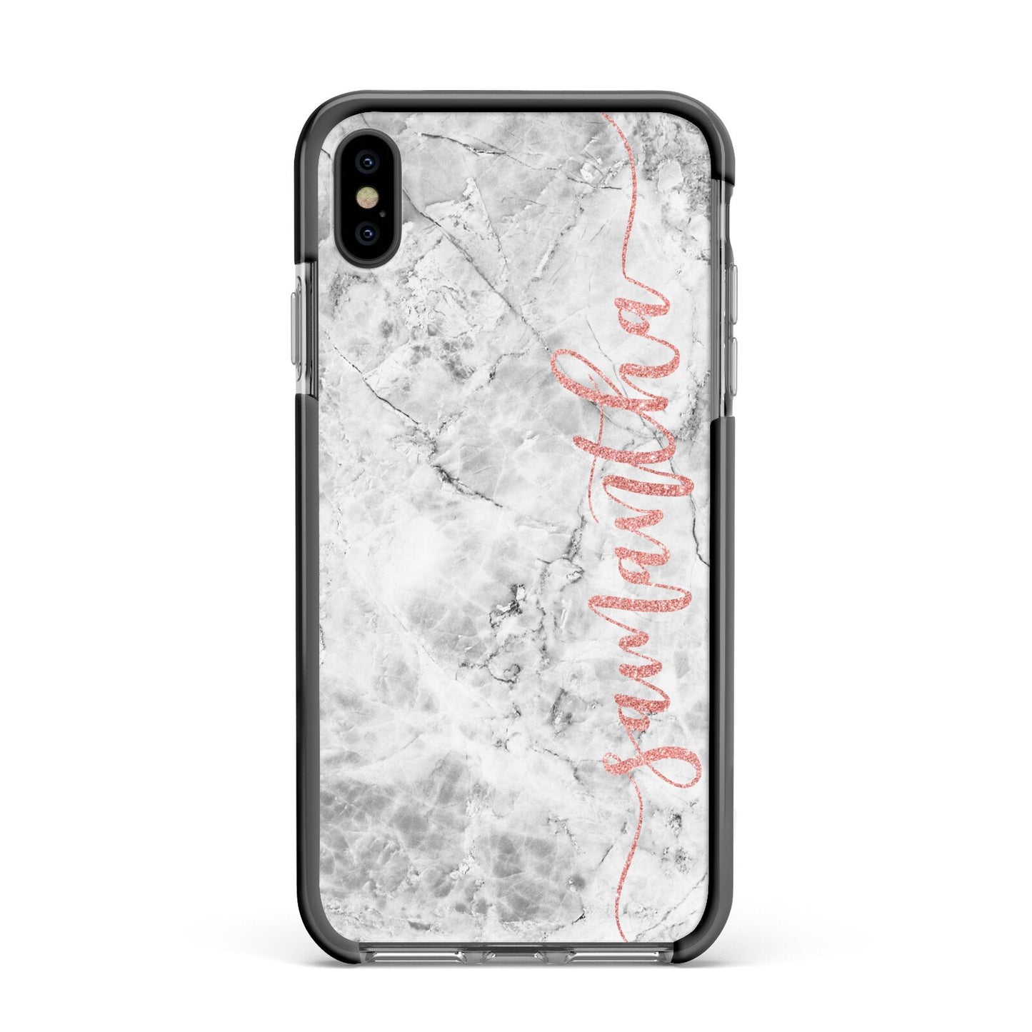 Grey Marble Personalised Vertical Glitter Name Apple iPhone Xs Max Impact Case Black Edge on Black Phone